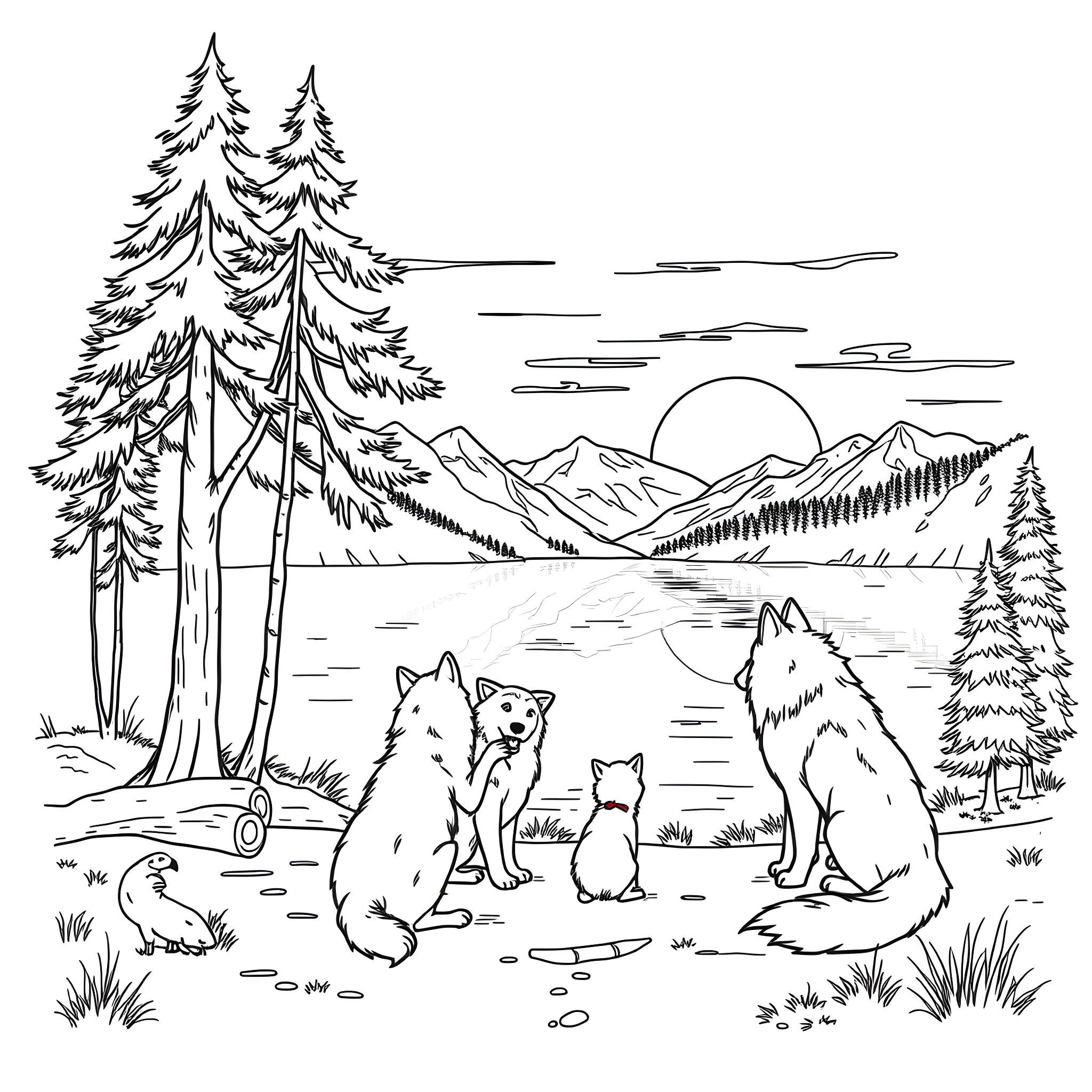 Wolf family in the scenic forest landscape Coloring Page (free black-and-white line drawing printable PDF for all, from beginners to advanced learners, including children, teens, adults, and seniors)