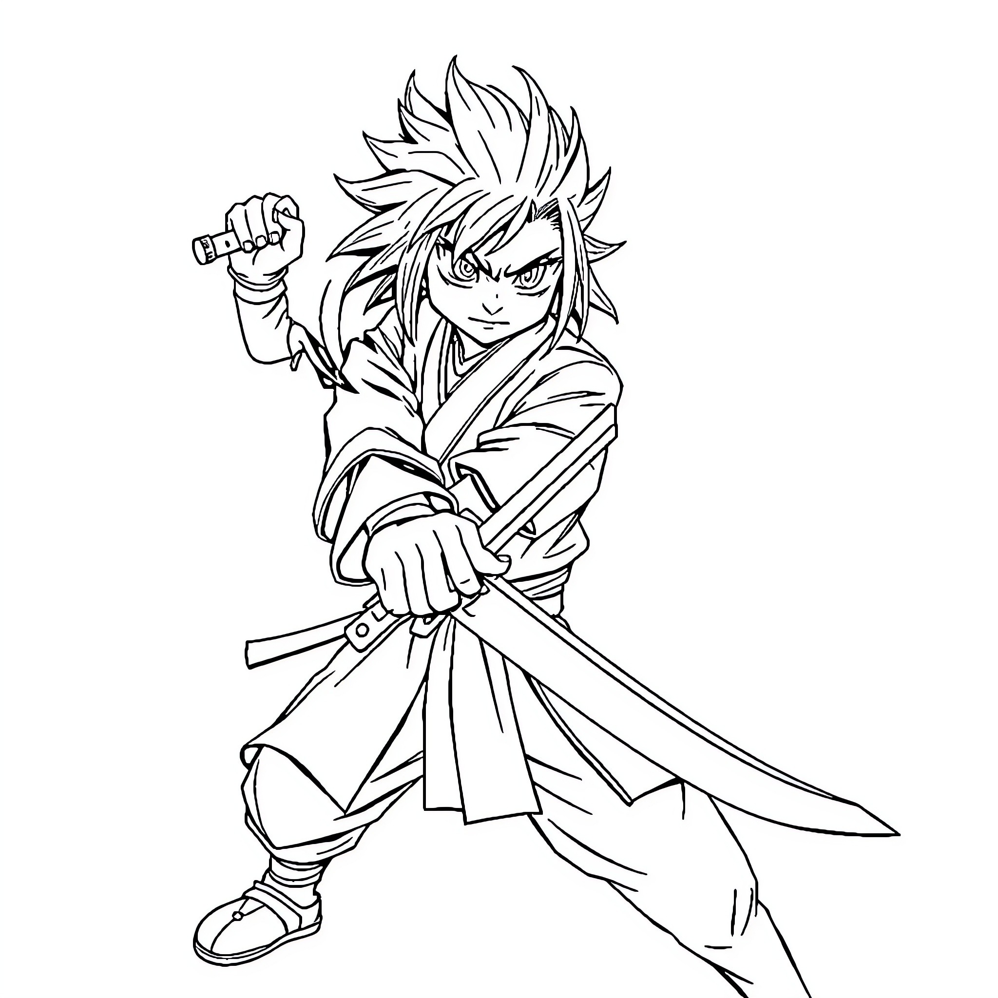 Tanjiro wielding sword in heroic stance Coloring Page (free black-and-white line drawing printable PDF for all, from beginners to advanced learners, including children, teens, adults, and seniors)