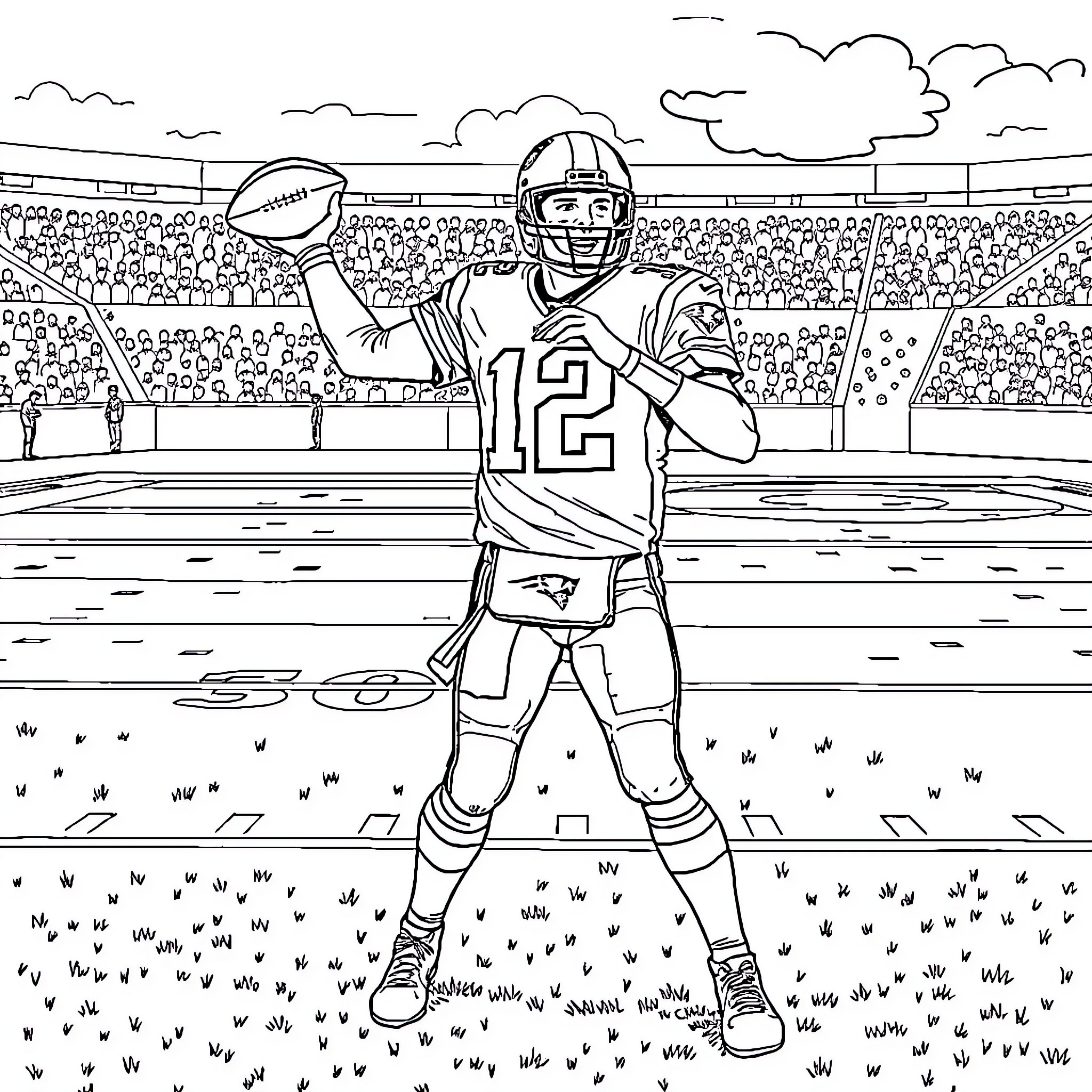 Tom Brady throwing a pass on the football field Coloring Page (free black-and-white line drawing printable PDF for all, from beginners to advanced learners, including children, teens, adults, and seniors)