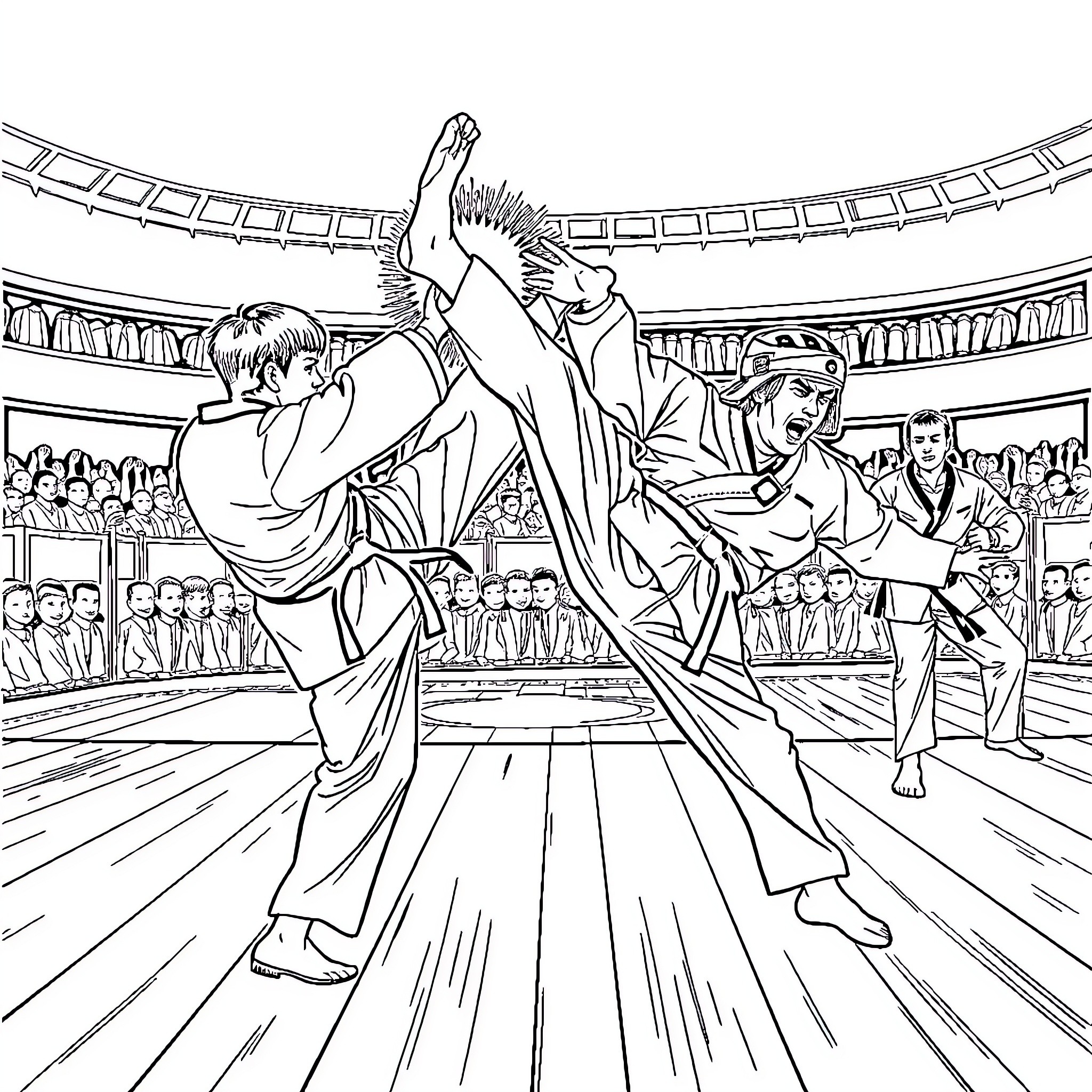 Taekwondo Competition in Martial Arts Stadium Coloring Page (free black-and-white line drawing printable PDF for all, from beginners to advanced learners, including children, teens, adults, and seniors)