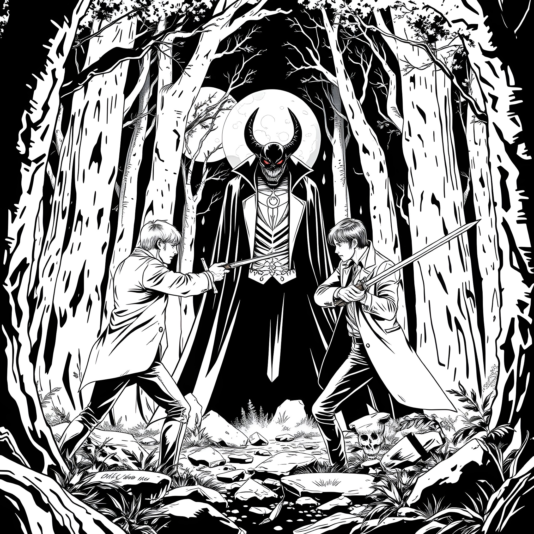 Sam and Dean Confronting a Mysterious Demonic Figure in the Dark Forest Coloring Page (free black-and-white line drawing printable PDF for all, from beginners to advanced learners, including children, teens, adults, and seniors)