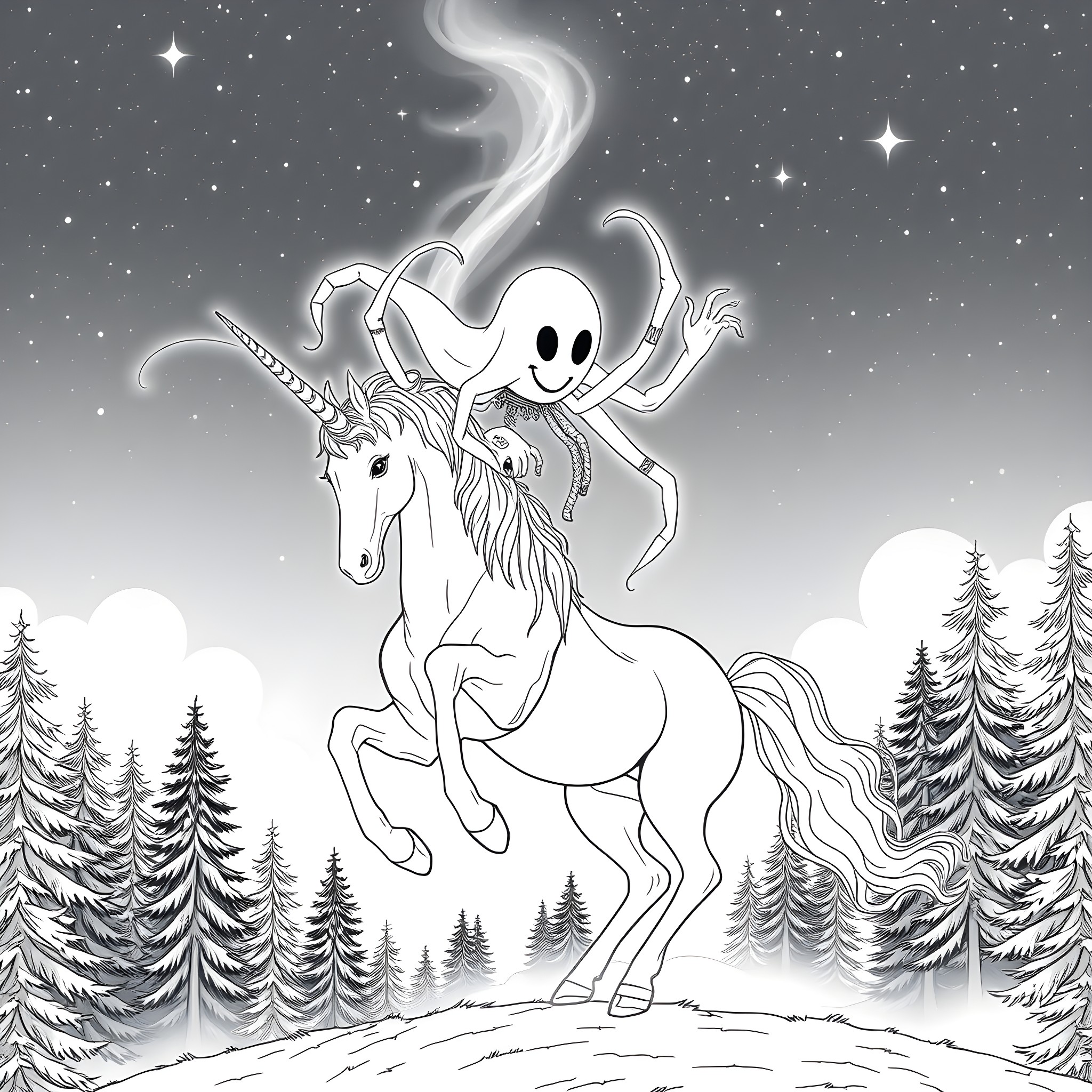 Ghost Spider riding a magical unicorn in the starry night Coloring Page (free black-and-white line drawing printable PDF for all, from beginners to advanced learners, including children, teens, adults, and seniors)