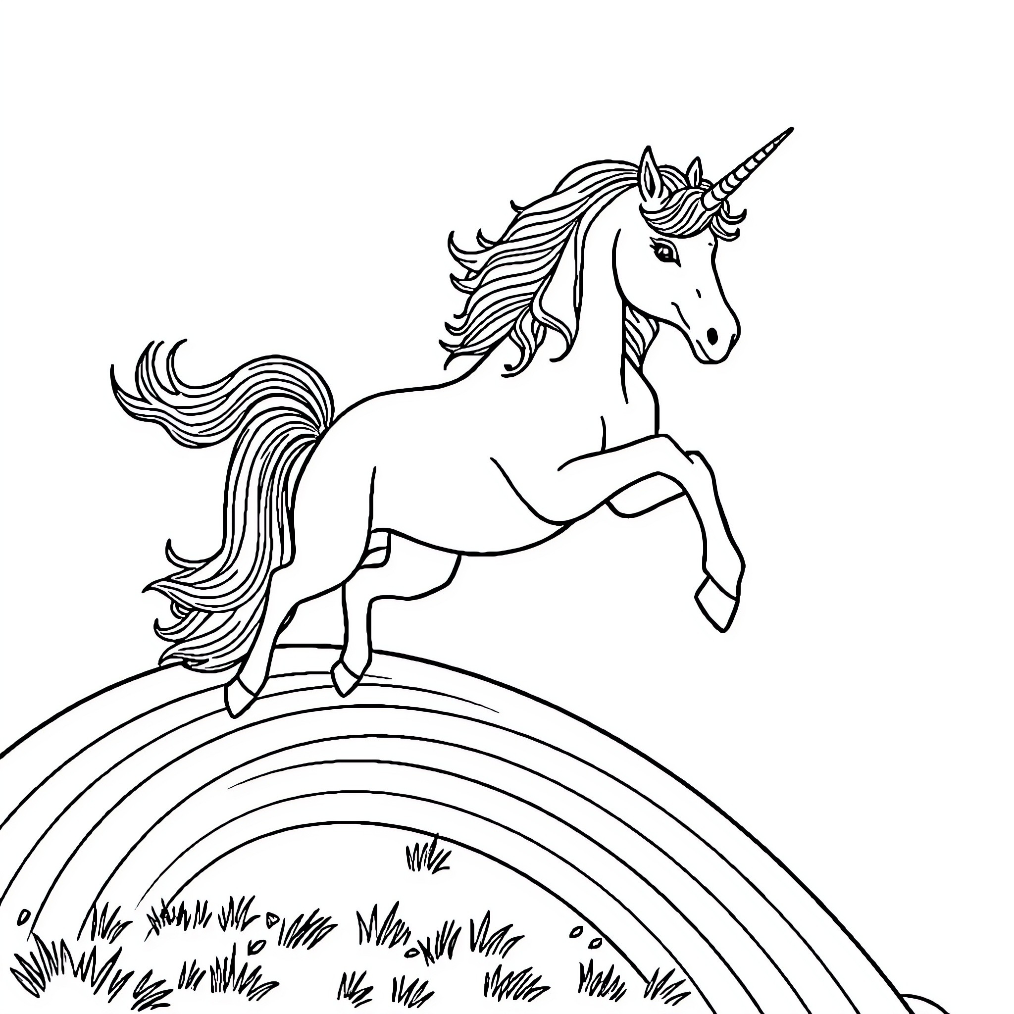 Unicorn prancing on a vibrant rainbow Coloring Page (free black-and-white line drawing printable PDF for all, from beginners to advanced learners, including children, teens, adults, and seniors)