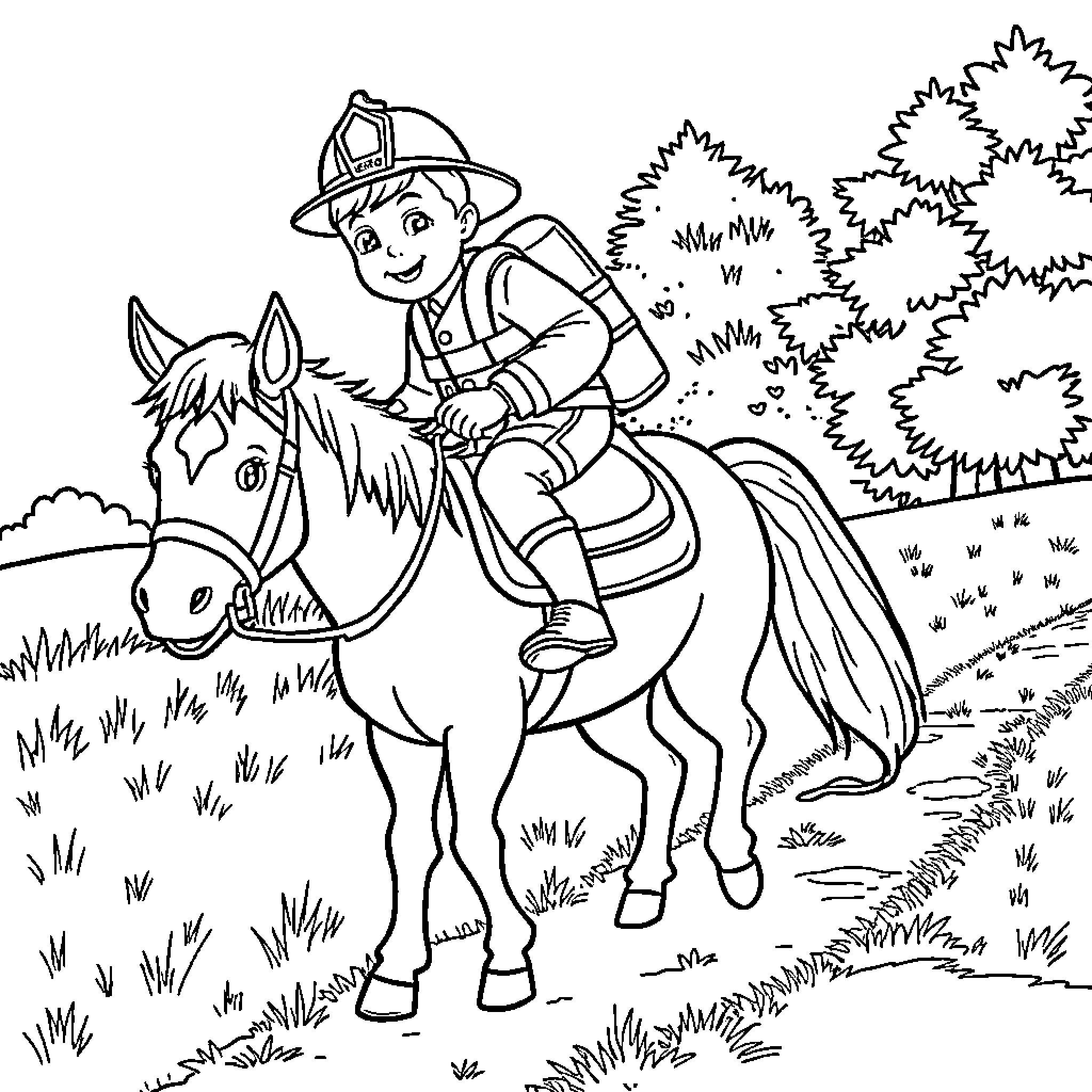 Firefighter riding a horse on the trail Coloring Page (free black-and-white line drawing printable PDF for all, from beginners to advanced learners, including children, teens, adults, and seniors)