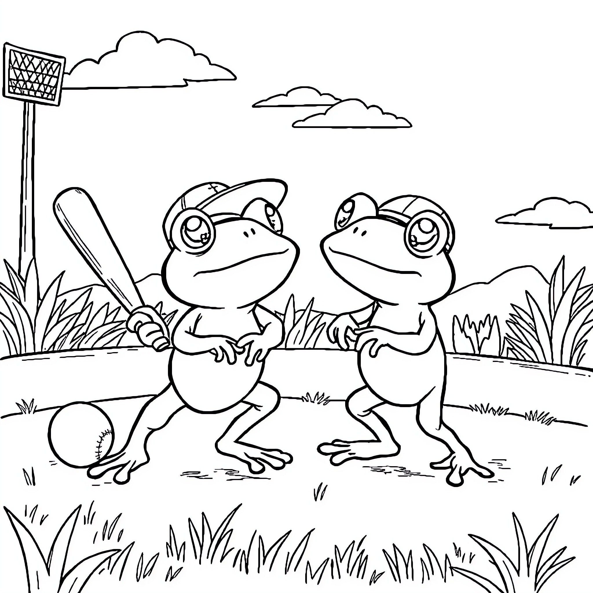 Frog friends playing baseball in the field Coloring Page (free black-and-white line drawing printable PDF for all, from beginners to advanced learners, including children, teens, adults, and seniors)