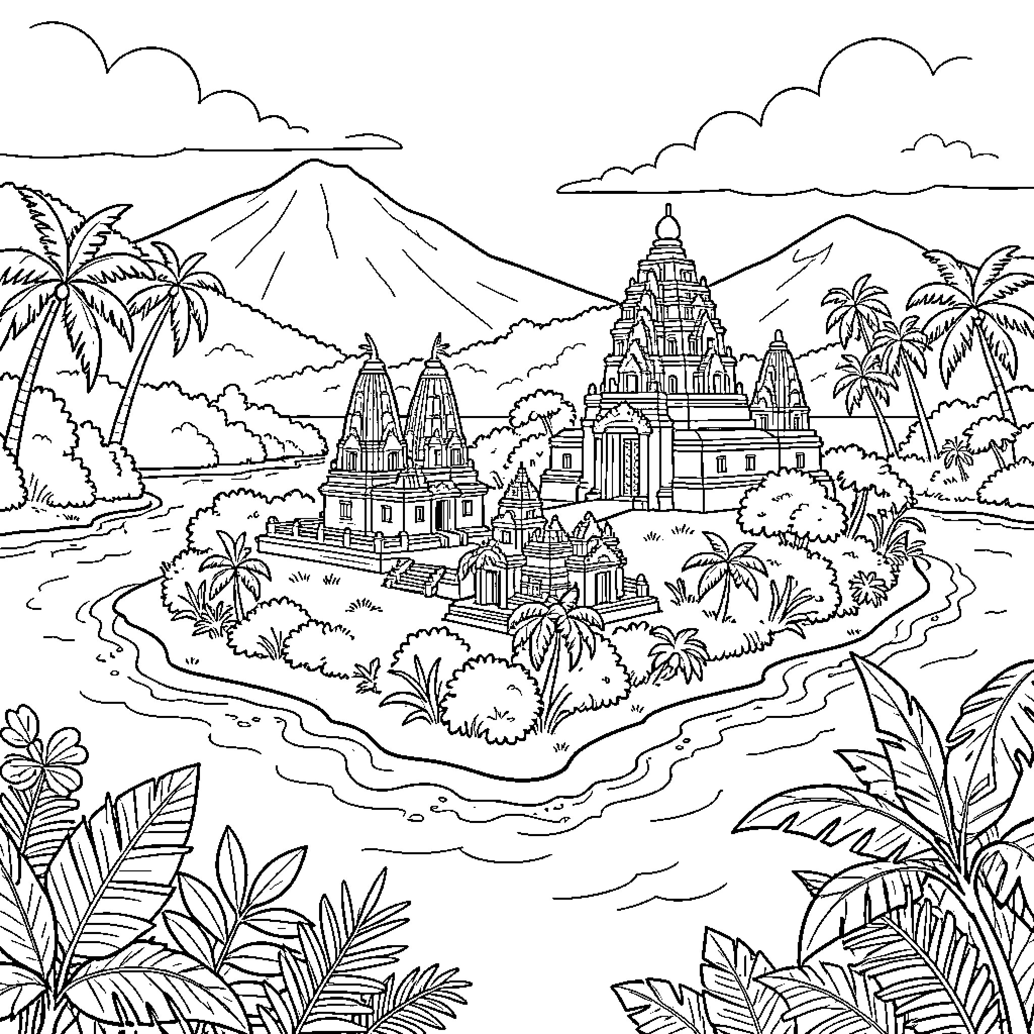 Sri Lanka ancient temples situated on a tropical island Coloring Page (free black-and-white line drawing printable PDF for all, from beginners to advanced learners, including children, teens, adults, and seniors)