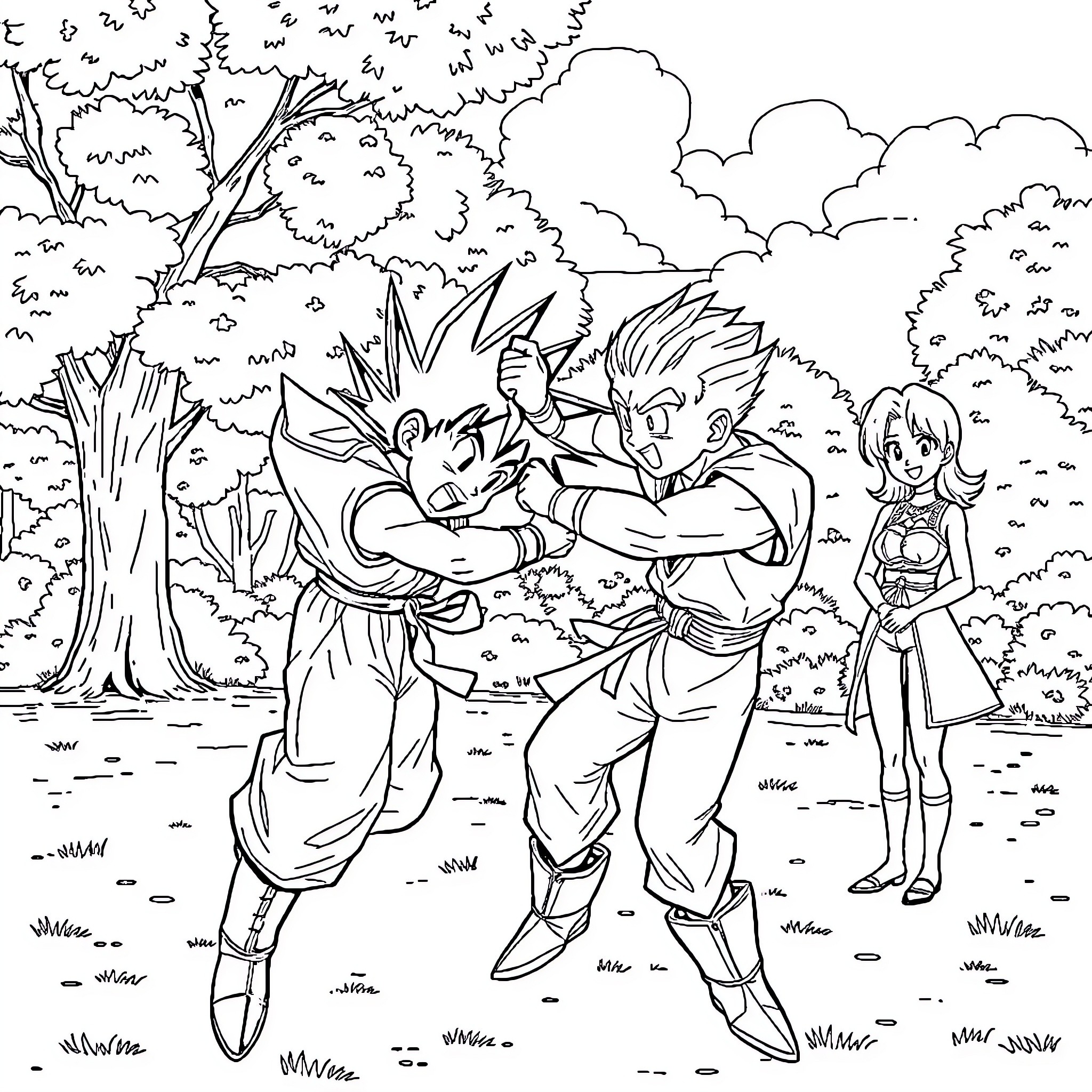 Gohan training with his father in the wilderness Coloring Page (free black-and-white line drawing printable PDF for all, from beginners to advanced learners, including children, teens, adults, and seniors)