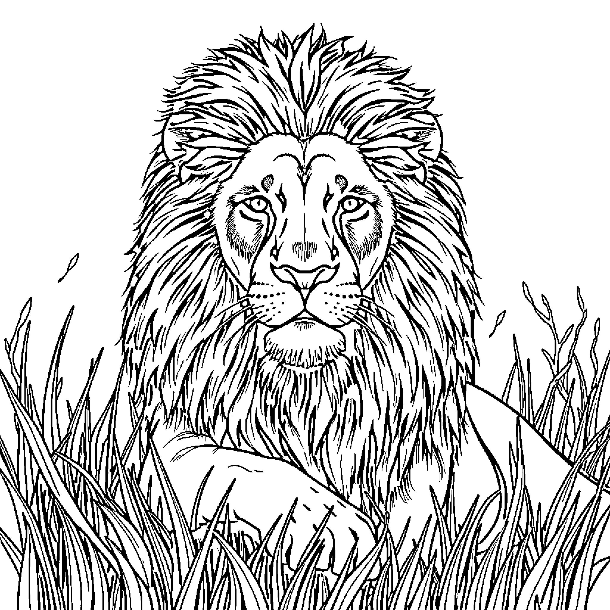 Lion in a grassy field Coloring Page (free black-and-white line drawing printable PDF for all, from beginners to advanced learners, including children, teens, adults, and seniors)