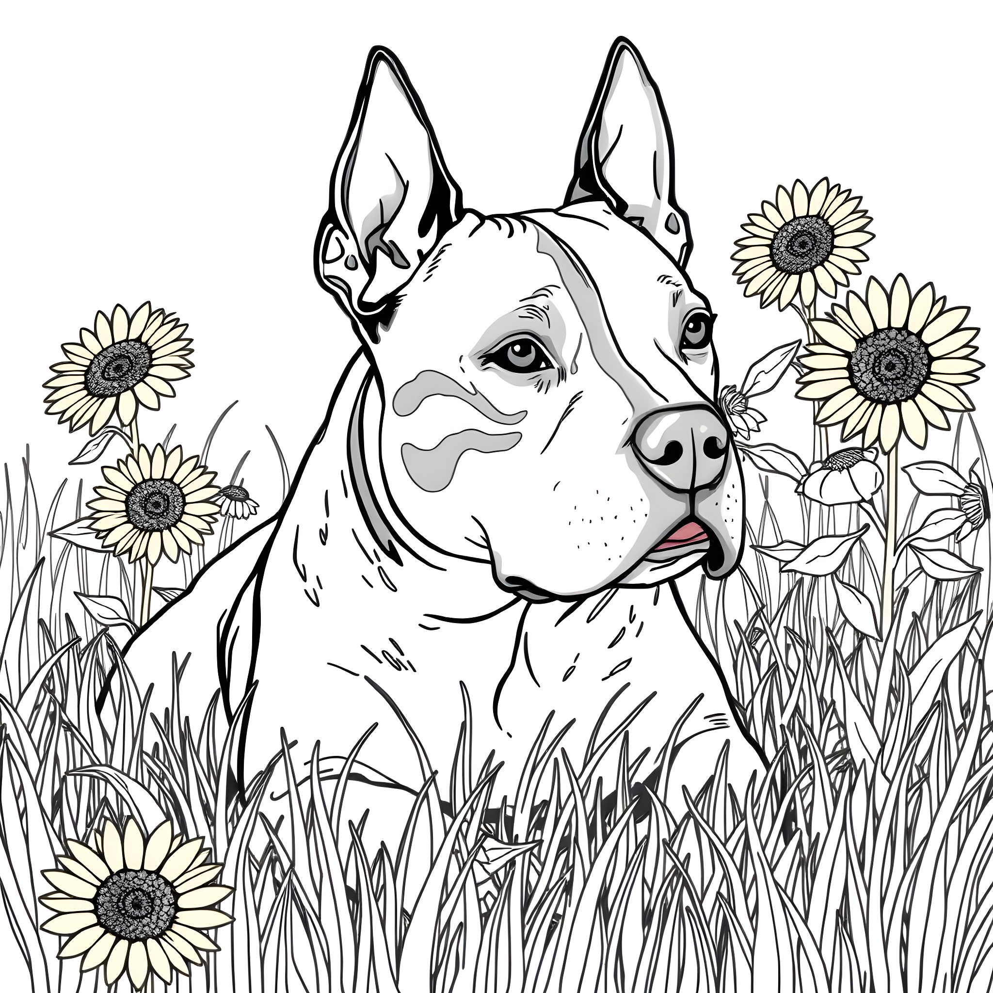 Pitbull surrounded by sunflowers in field Coloring Page (free black-and-white line drawing printable PDF for all, from beginners to advanced learners, including children, teens, adults, and seniors)