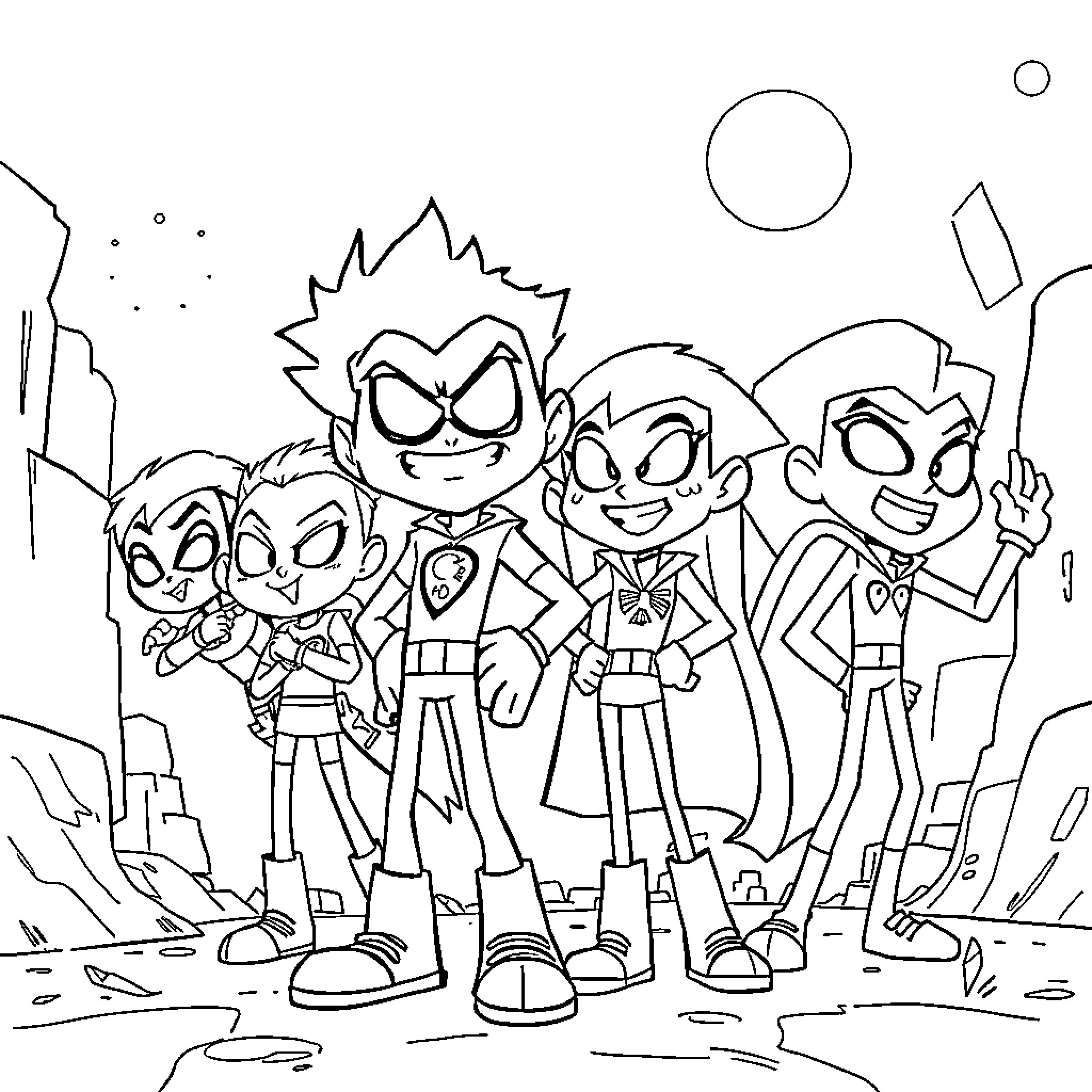 Teen Titans Go on an adventure Coloring Page (free black-and-white line drawing printable PDF for all, from beginners to advanced learners, including children, teens, adults, and seniors)