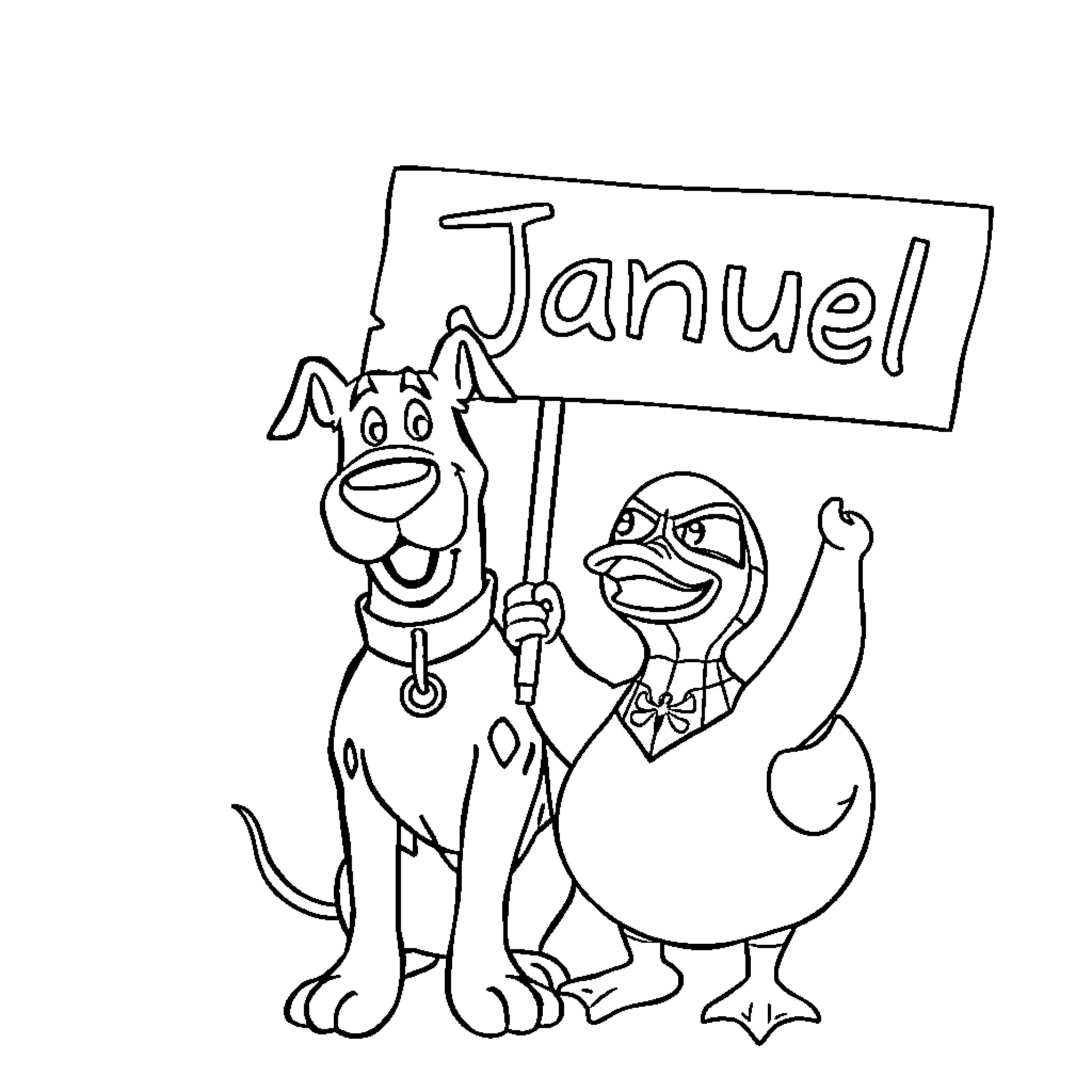 Scooby Doo and Shaggy holding a sign Coloring Page (free black-and-white line drawing printable PDF for all, from beginners to advanced learners, including children, teens, adults, and seniors)