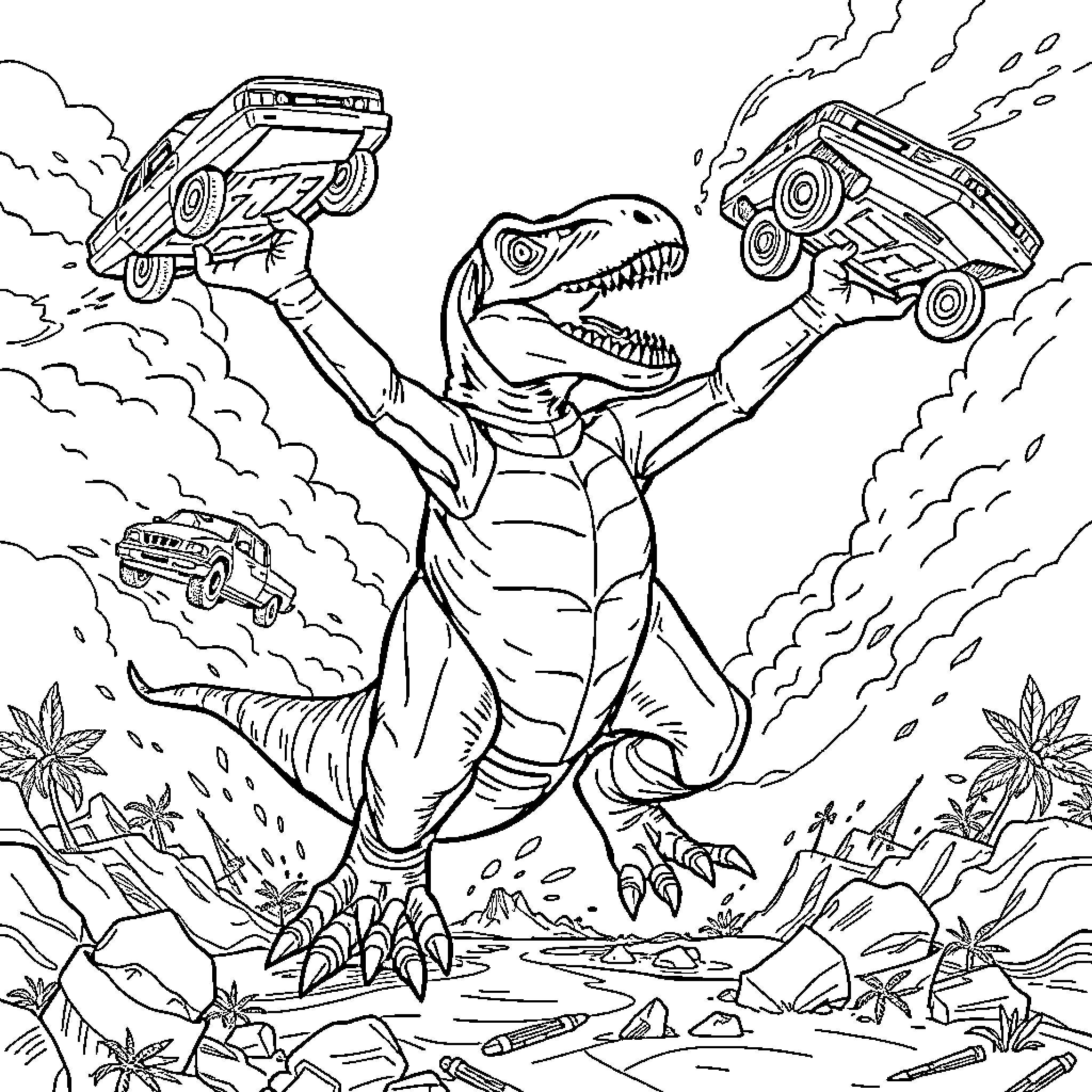 D-rex rampaging with monster trucks in the wild Coloring Page (free black-and-white line drawing printable PDF for all, from beginners to advanced learners, including children, teens, adults, and seniors)