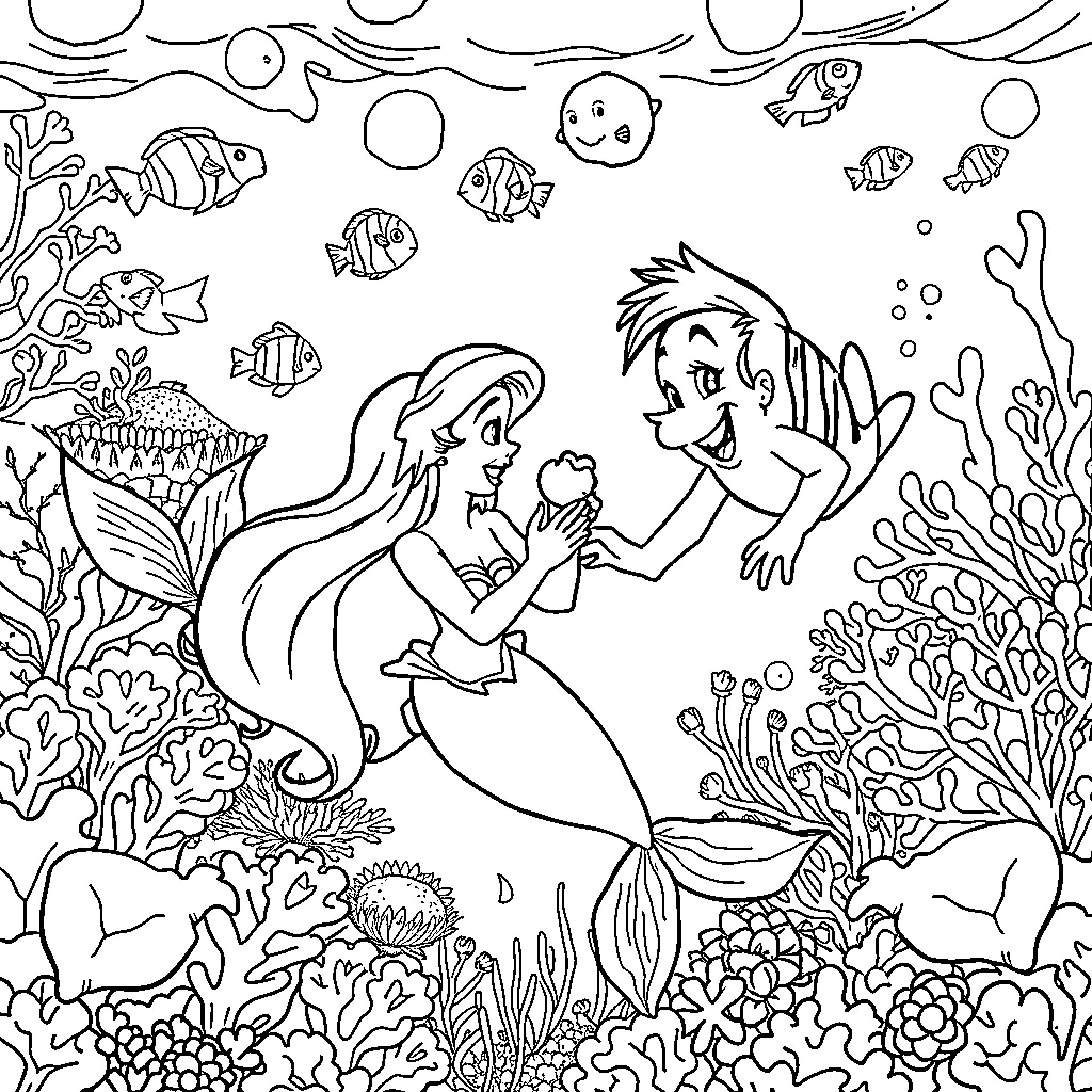 Ariel exploring the underwater world with sea creatures Coloring Page (free black-and-white line drawing printable PDF for all, from beginners to advanced learners, including children, teens, adults, and seniors)