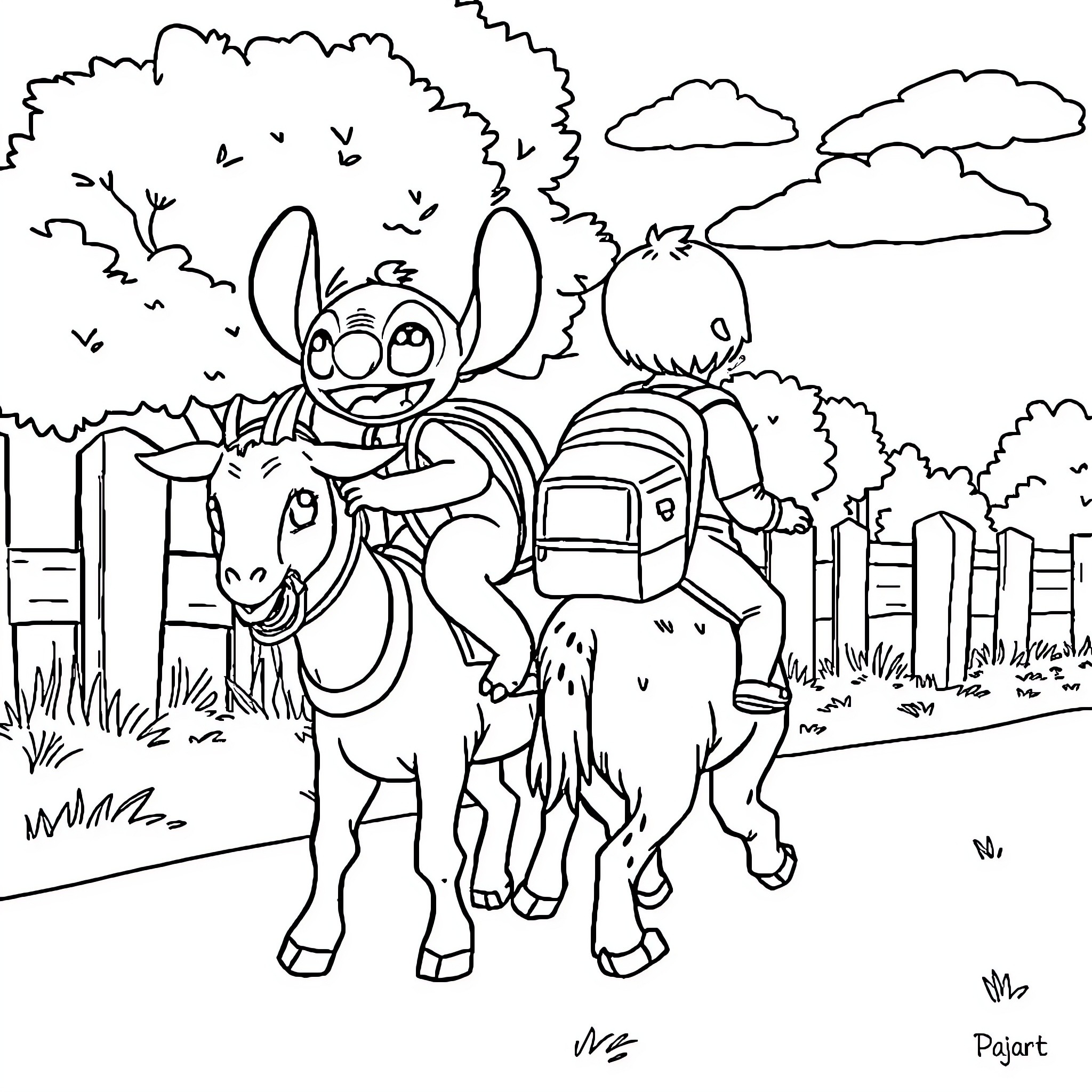 Stitch's Outdoor Adventure with Donkey Coloring Page (free black-and-white line drawing printable PDF for all, from beginners to advanced learners, including children, teens, adults, and seniors)