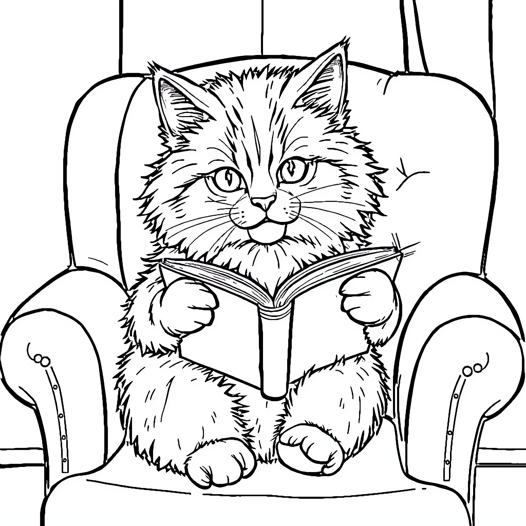 Cat reading book comfortably on chair Coloring Page (free black-and-white line drawing printable PDF for all, from beginners to advanced learners, including children, teens, adults, and seniors)