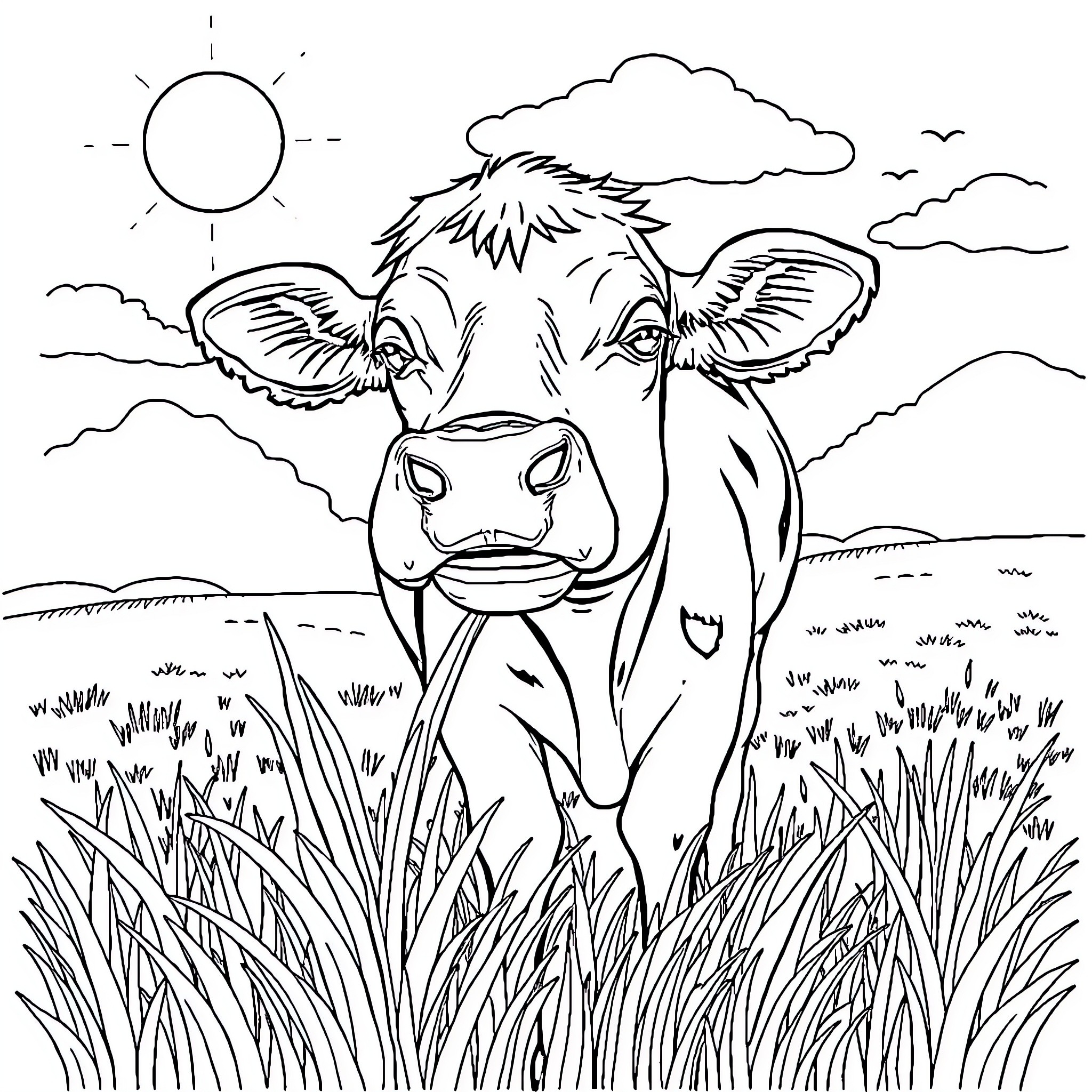Cow standing in a grassy field under a sunny sky Coloring Page (free black-and-white line drawing printable PDF for all, from beginners to advanced learners, including children, teens, adults, and seniors)
