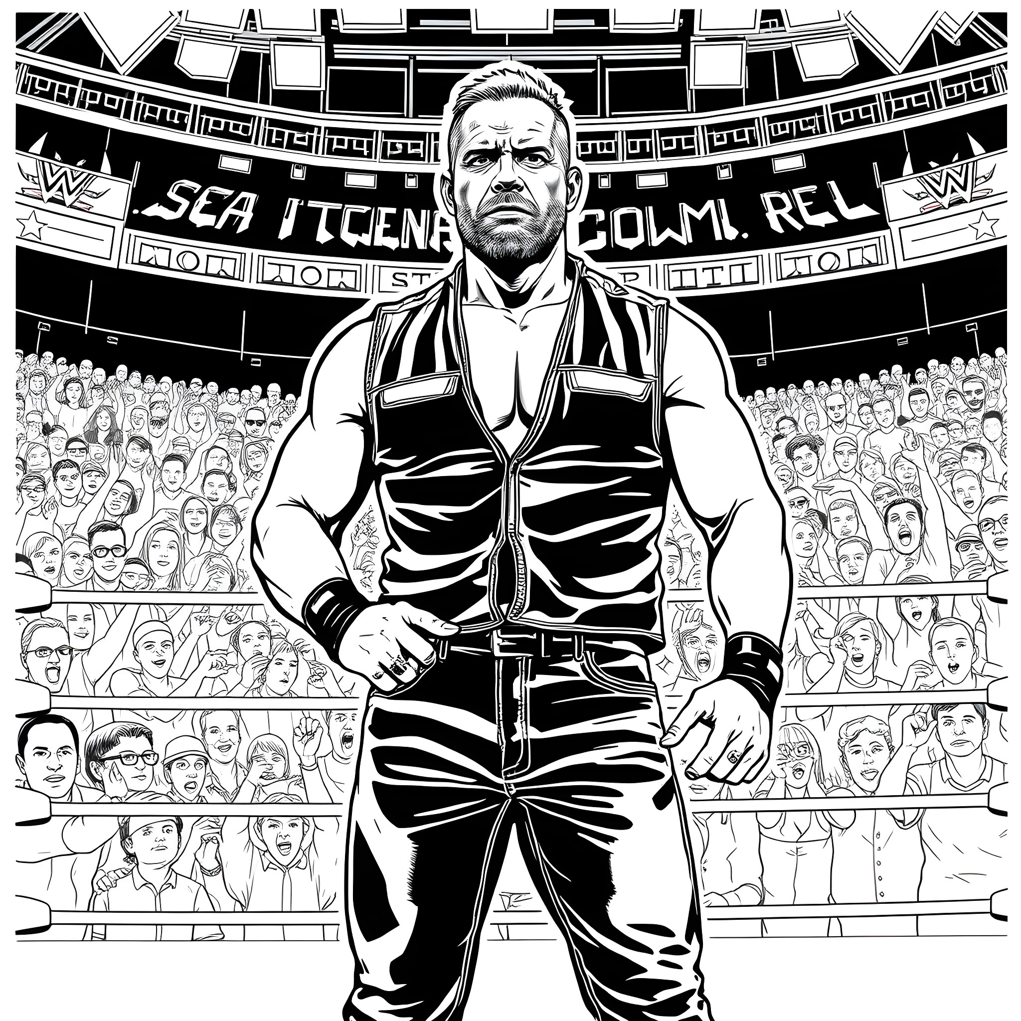 Steve Austin, the iconic wrestler, stands confidently in the ring surrounded by an enthusiastic crowd Coloring Page (free black-and-white line drawing printable PDF for all, from beginners to advanced learners, including children, teens, adults, and seniors)