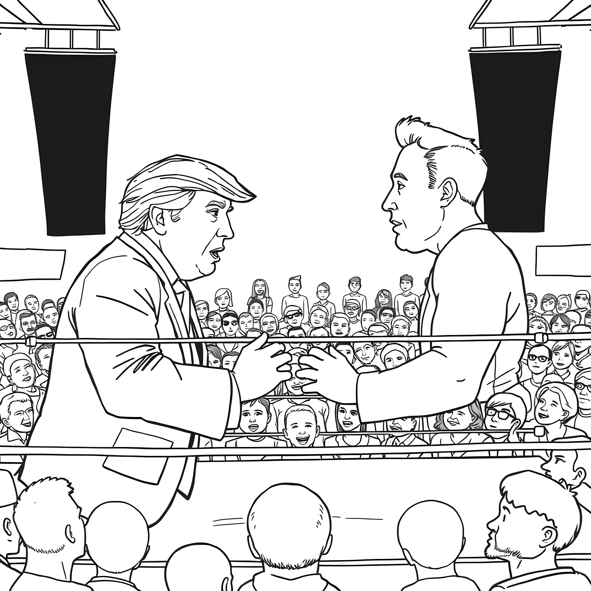 Donald Trump and opponent debating on stage Coloring Page (free black-and-white line drawing printable PDF for all, from beginners to advanced learners, including children, teens, adults, and seniors)