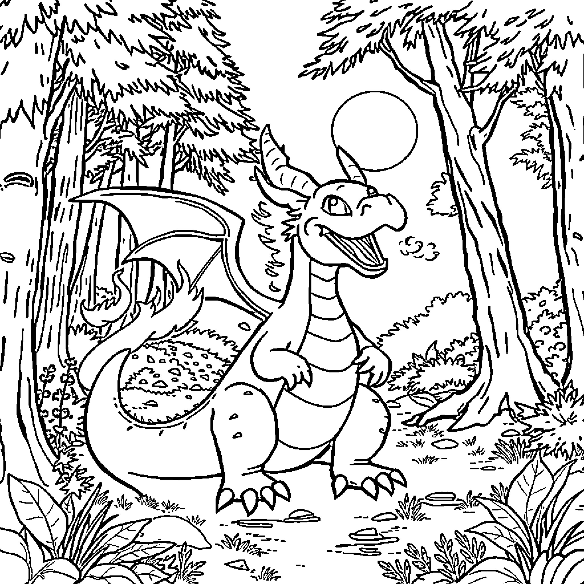 Dragon playfully exploring a forest landscape Coloring Page (free black-and-white line drawing printable PDF for all, from beginners to advanced learners, including children, teens, adults, and seniors)