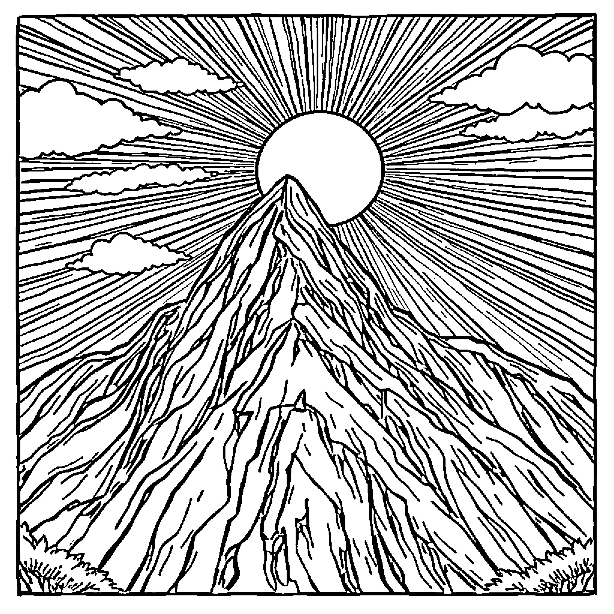 Sun shines brightly over rugged mountain landscape Coloring Page (free black-and-white line drawing printable PDF for all, from beginners to advanced learners, including children, teens, adults, and seniors)