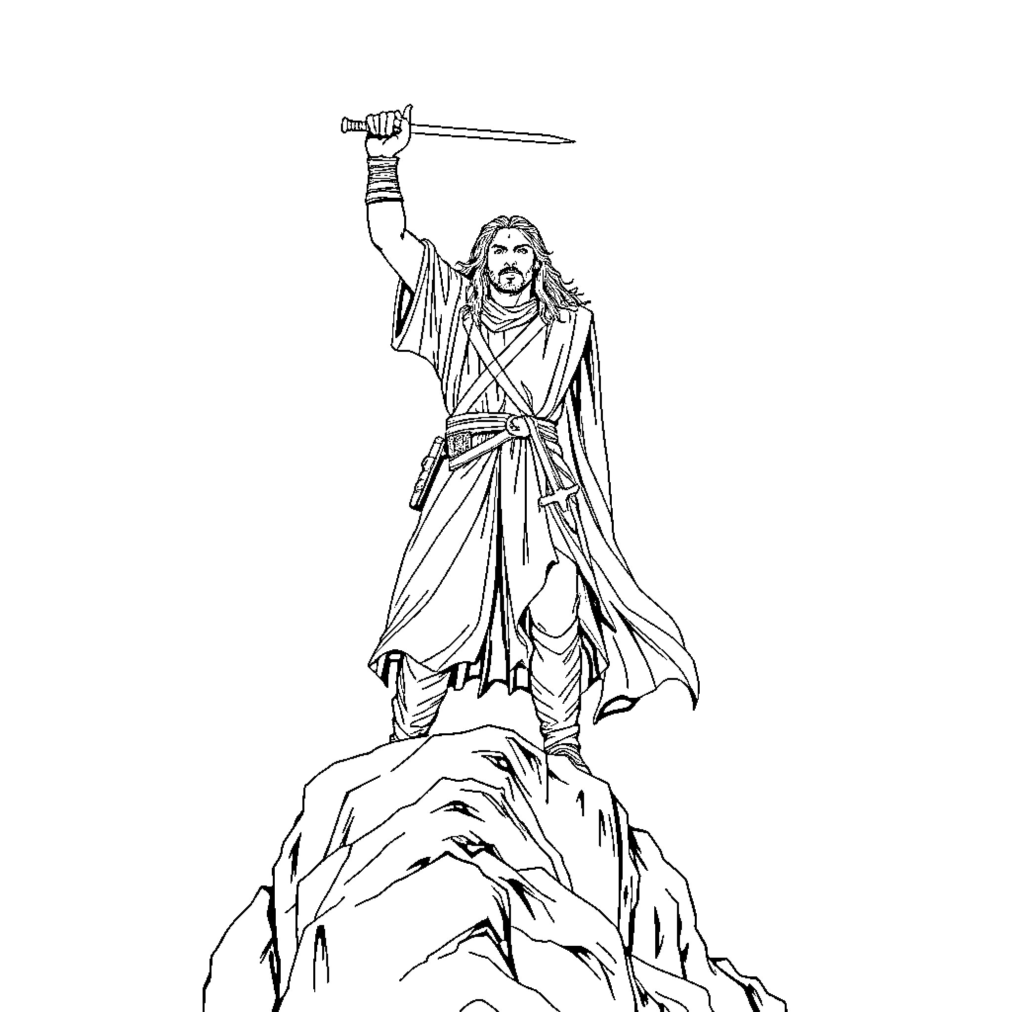 Aragorn standing tall and triumphant on a rocky cliff Coloring Page (free black-and-white line drawing printable PDF for all, from beginners to advanced learners, including children, teens, adults, and seniors)