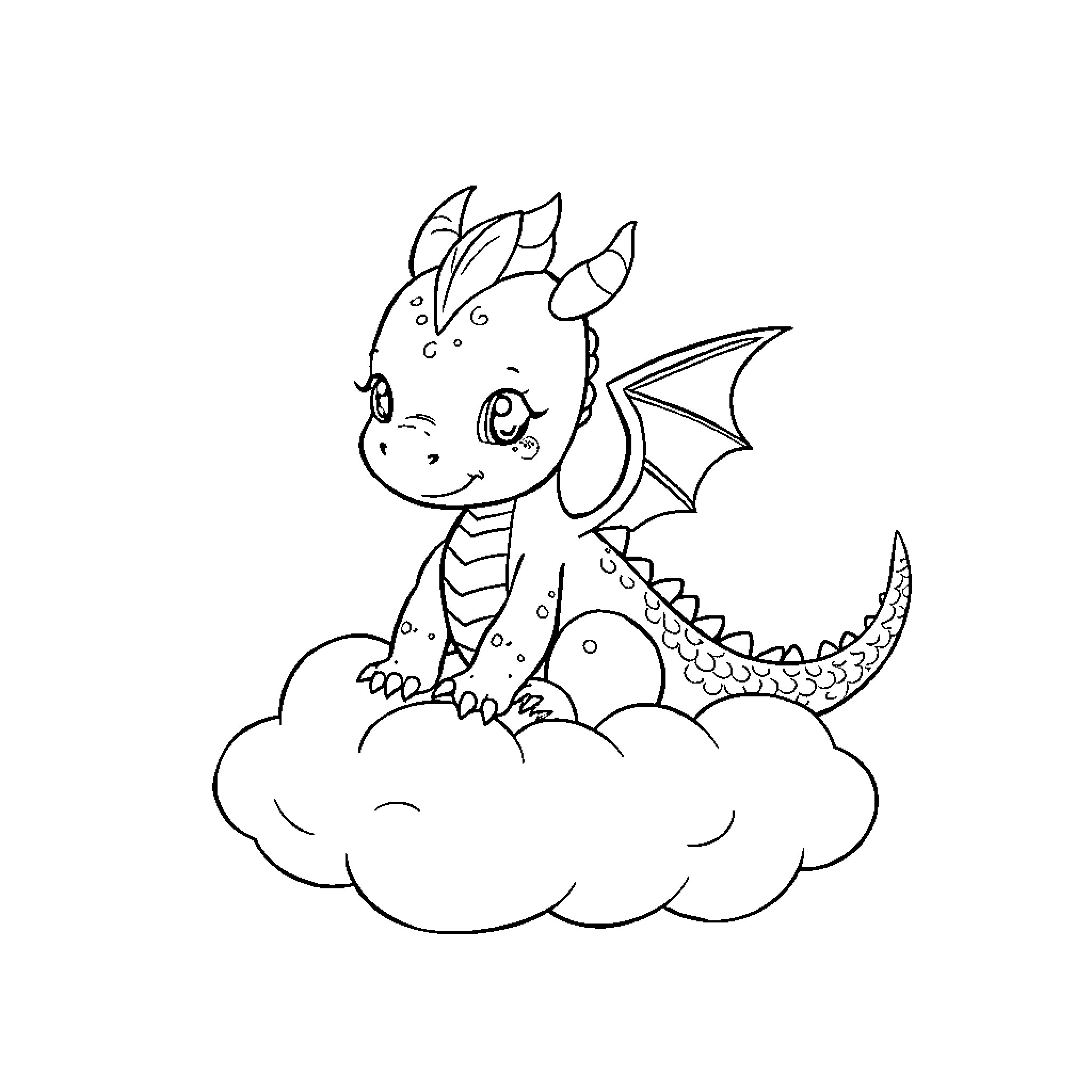 Baby Dragon sitting on a cloud Coloring Page (free black-and-white line drawing printable PDF for all, from beginners to advanced learners, including children, teens, adults, and seniors)