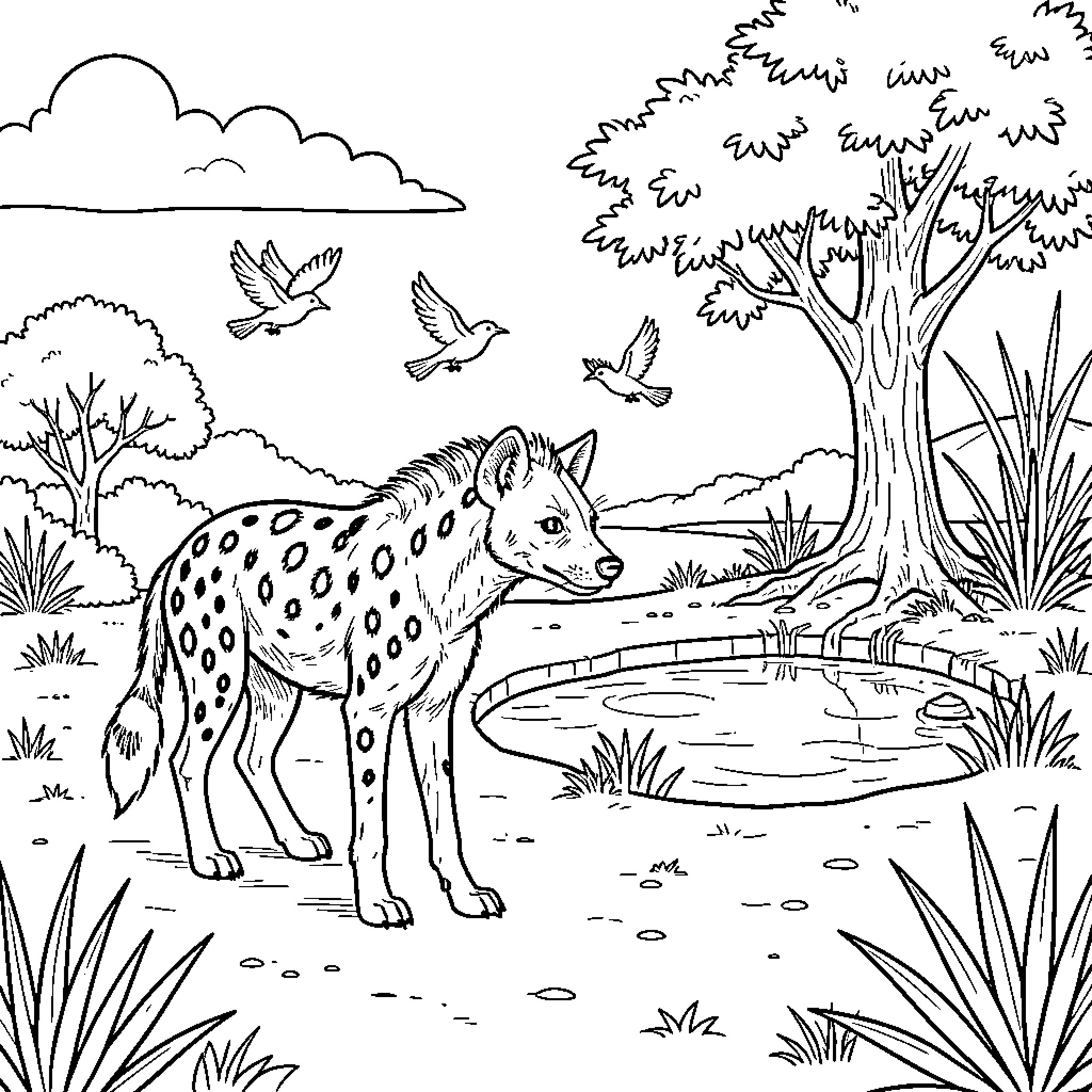 Hyena standing near a small pond in the wild Coloring Page (free black-and-white line drawing printable PDF for all, from beginners to advanced learners, including children, teens, adults, and seniors)