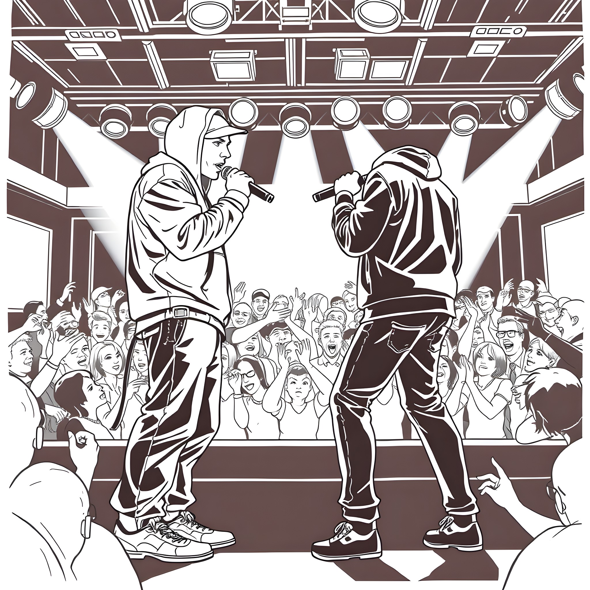 Eminem performing on stage with another rapper Coloring Page (free black-and-white line drawing printable PDF for all, from beginners to advanced learners, including children, teens, adults, and seniors)