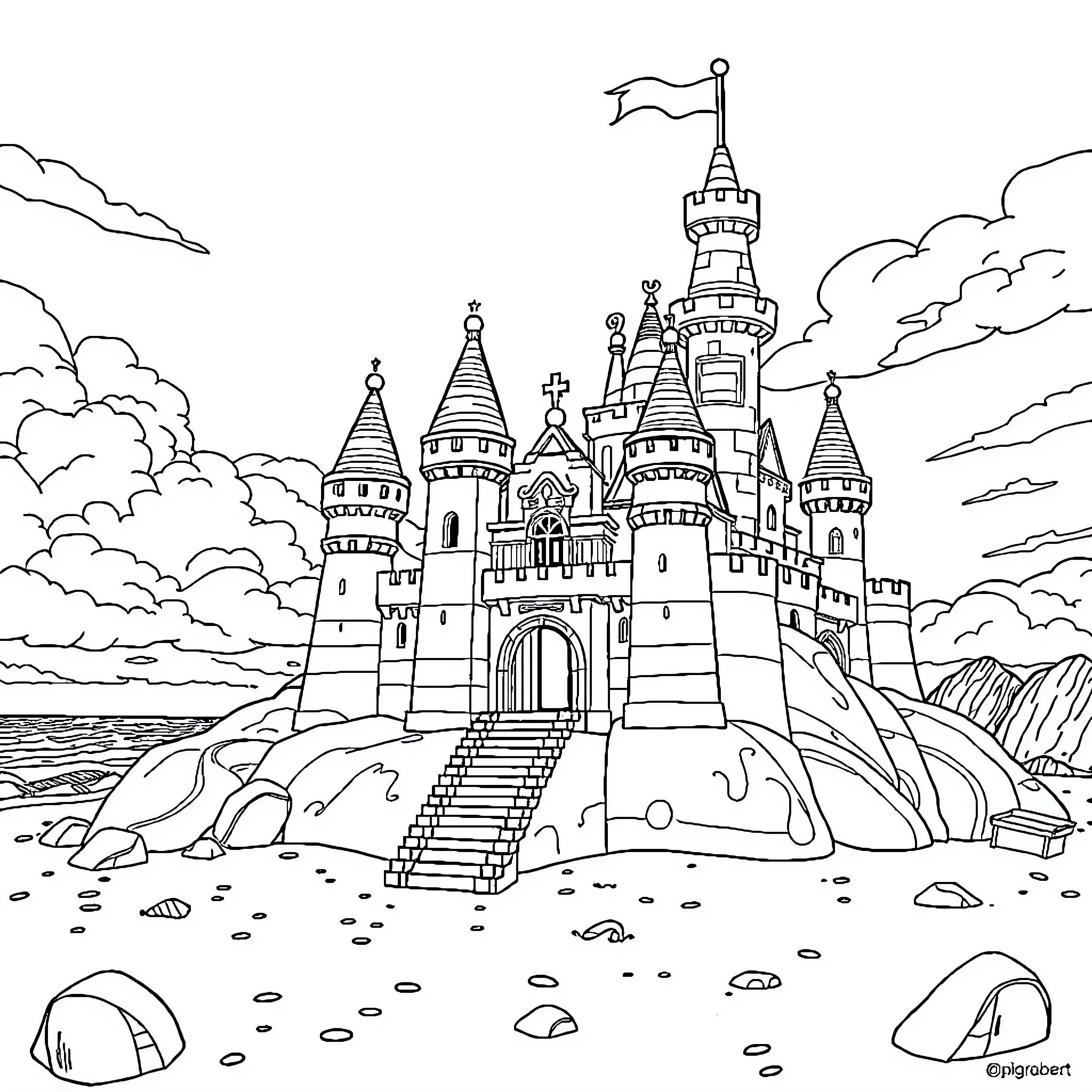 Mario's Fantastic Castle Adventure Coloring Page (free black-and-white line drawing printable PDF for all, from beginners to advanced learners, including children, teens, adults, and seniors)