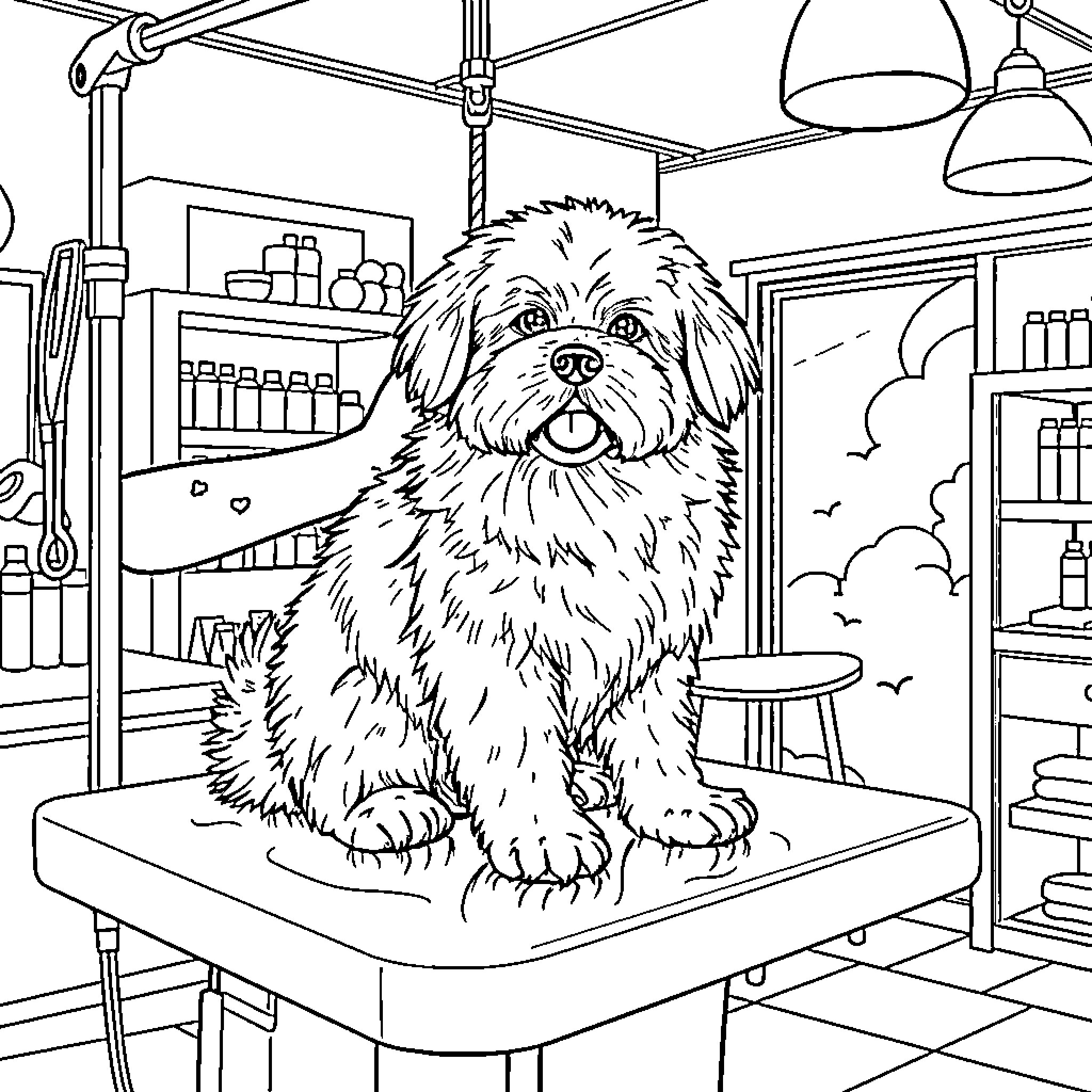 Dog relaxing at the grooming salon Coloring Page (free black-and-white line drawing printable PDF for all, from beginners to advanced learners, including children, teens, adults, and seniors)