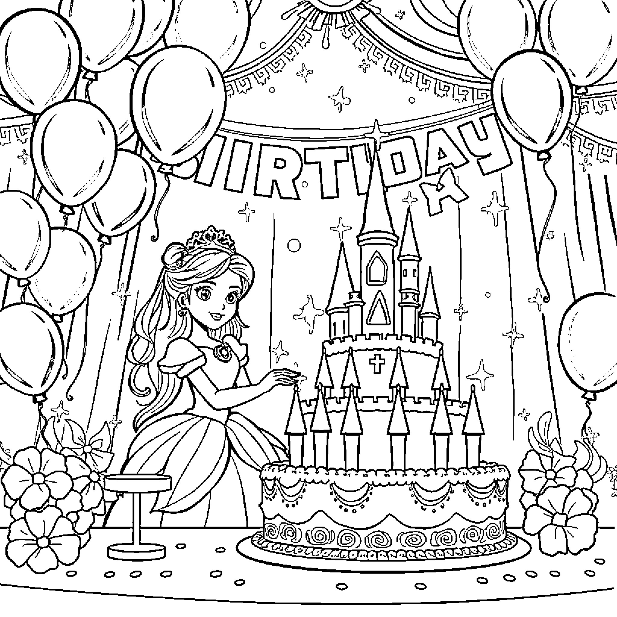 Princess celebrating her birthday with cake and balloons Coloring Page (free black-and-white line drawing printable PDF for all, from beginners to advanced learners, including children, teens, adults, and seniors)