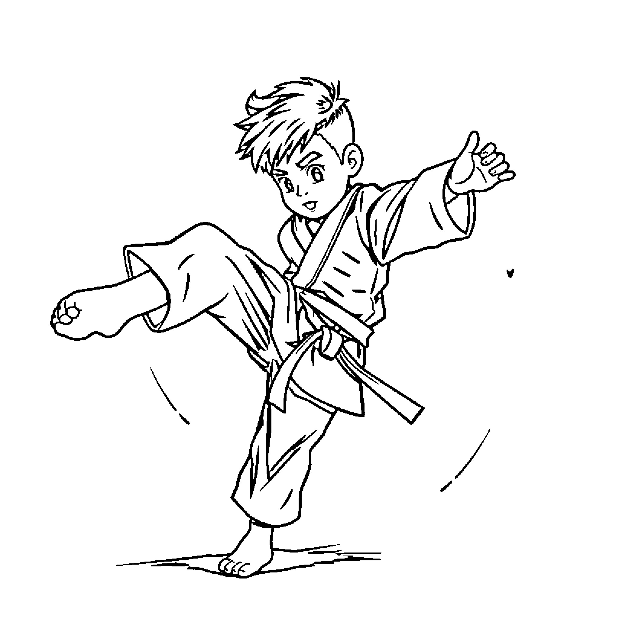 Karate Boy Performing Martial Arts Technique Coloring Page (free black-and-white line drawing printable PDF for all, from beginners to advanced learners, including children, teens, adults, and seniors)