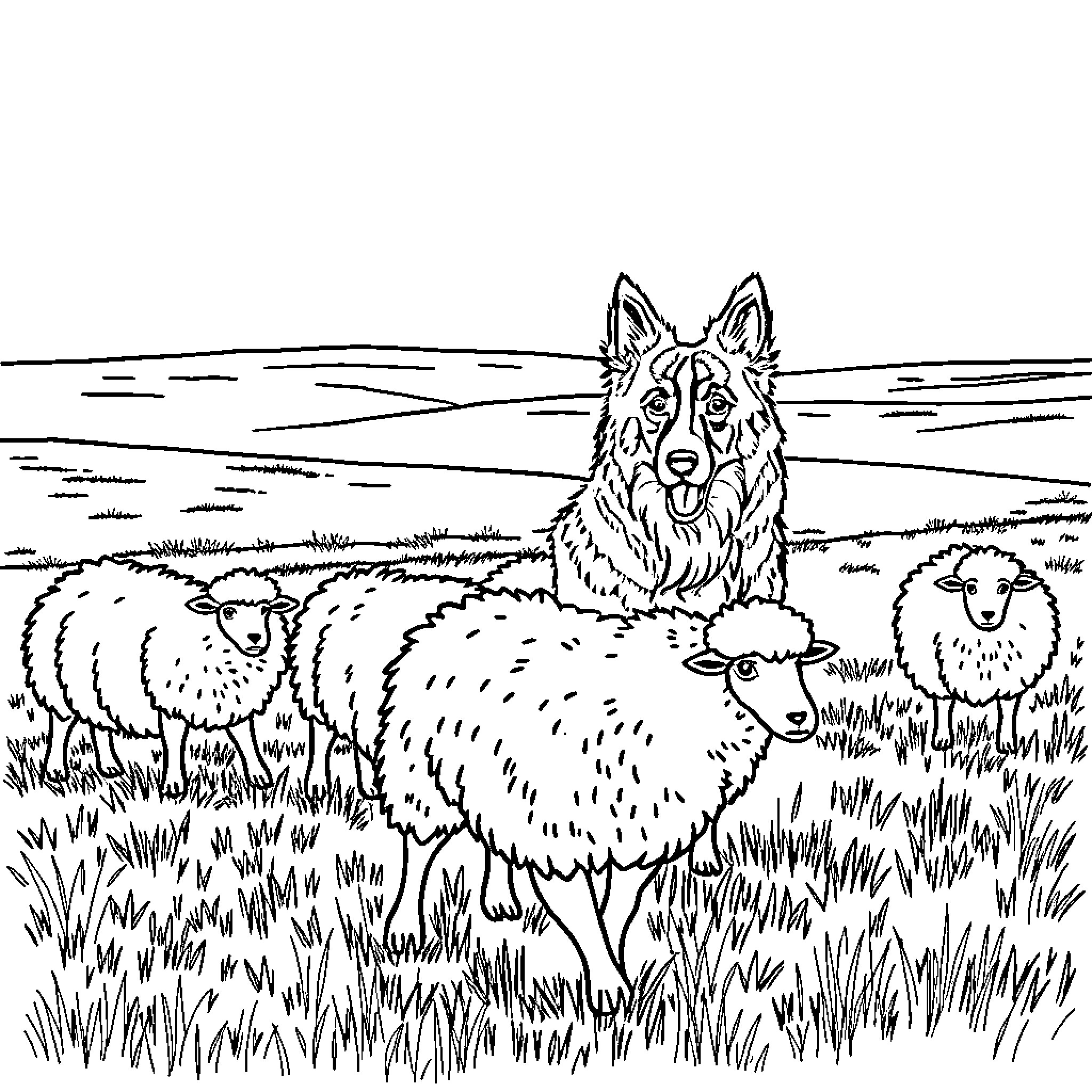 Border Collie Herding Sheep in Pastoral Landscape Coloring Page (free black-and-white line drawing printable PDF for all, from beginners to advanced learners, including children, teens, adults, and seniors)