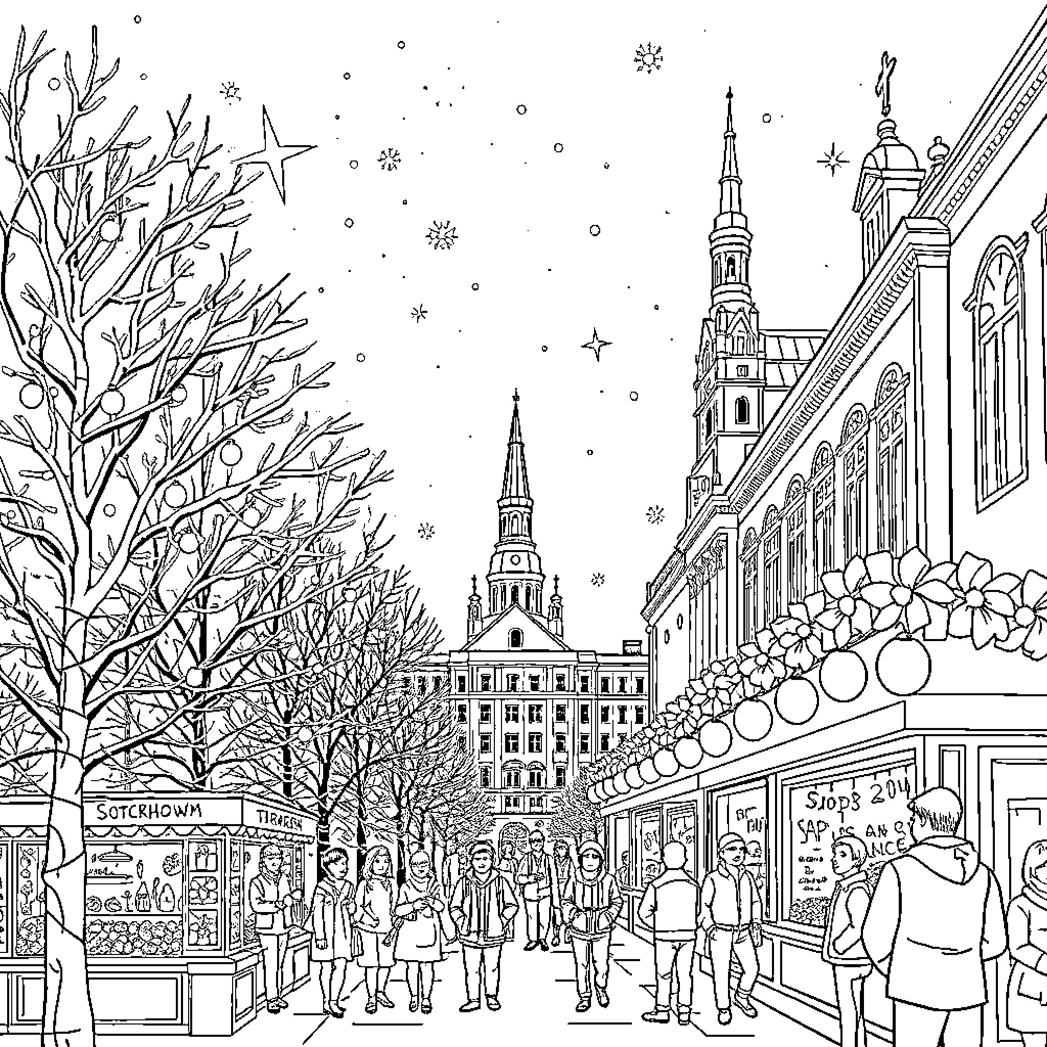 Christmas in the bustling city streets Coloring Page (free black-and-white line drawing printable PDF for all, from beginners to advanced learners, including children, teens, adults, and seniors)