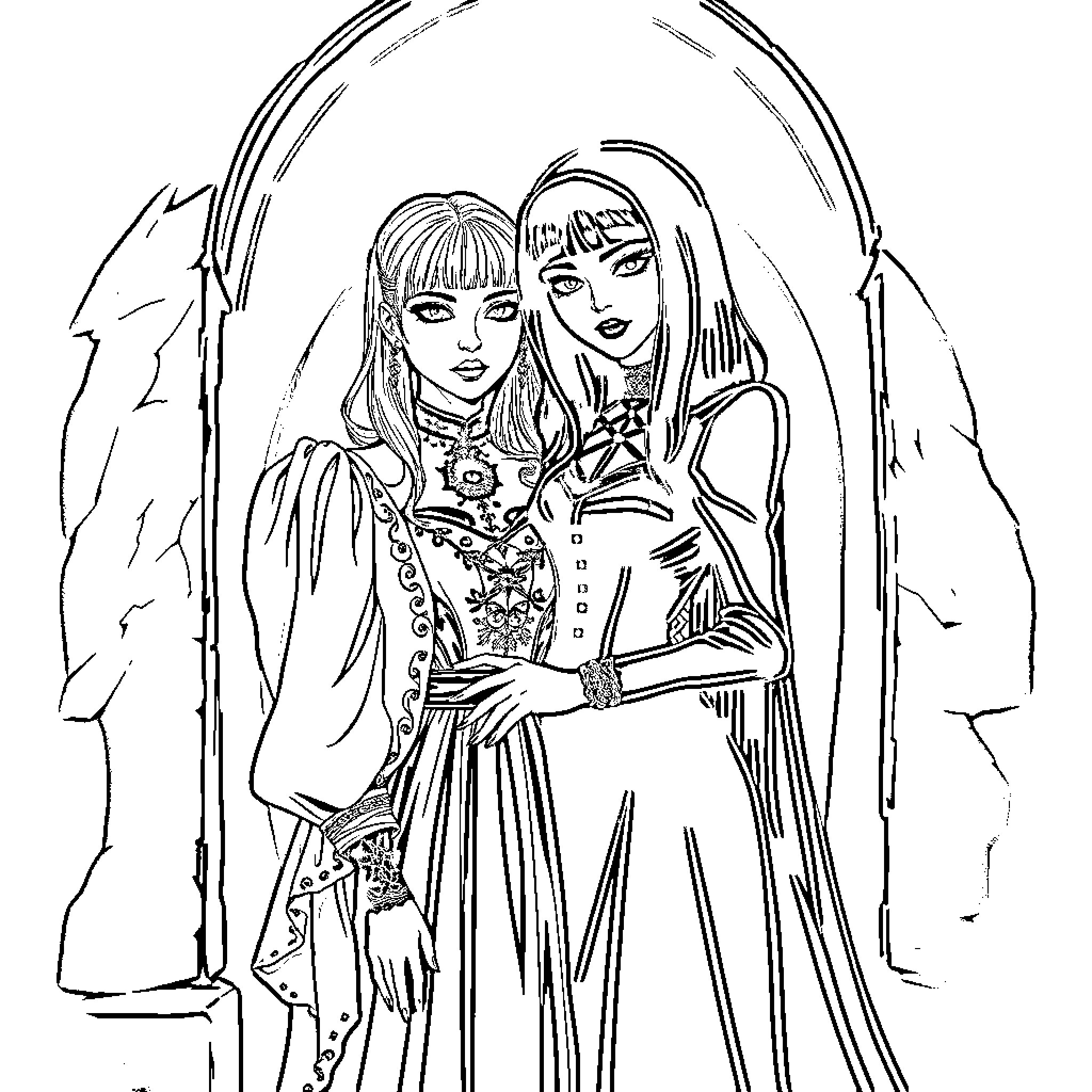Gothic Couple in Ornate Embraced Pose Coloring Page (free black-and-white line drawing printable PDF for all, from beginners to advanced learners, including children, teens, adults, and seniors)