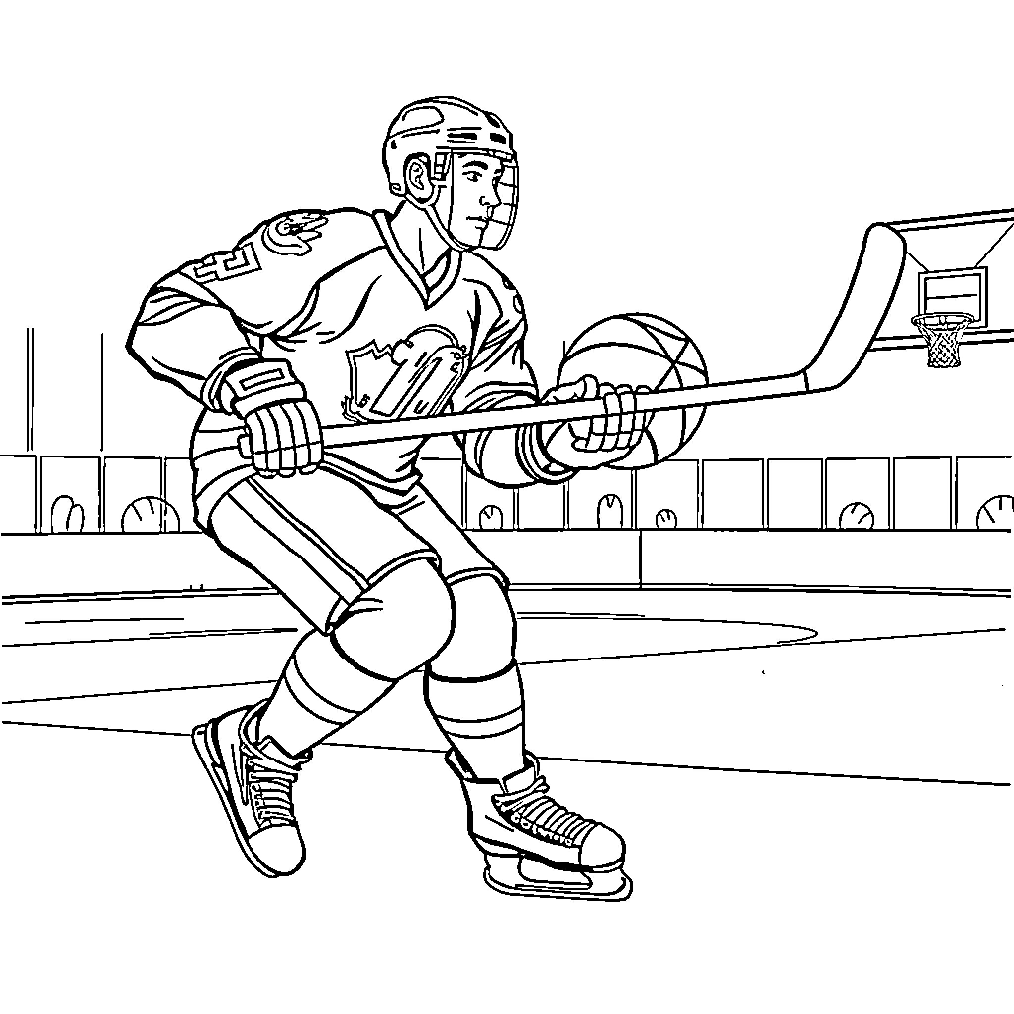 Hockey Player in Action on the Ice Rink Coloring Page (free black-and-white line drawing printable PDF for all, from beginners to advanced learners, including children, teens, adults, and seniors)