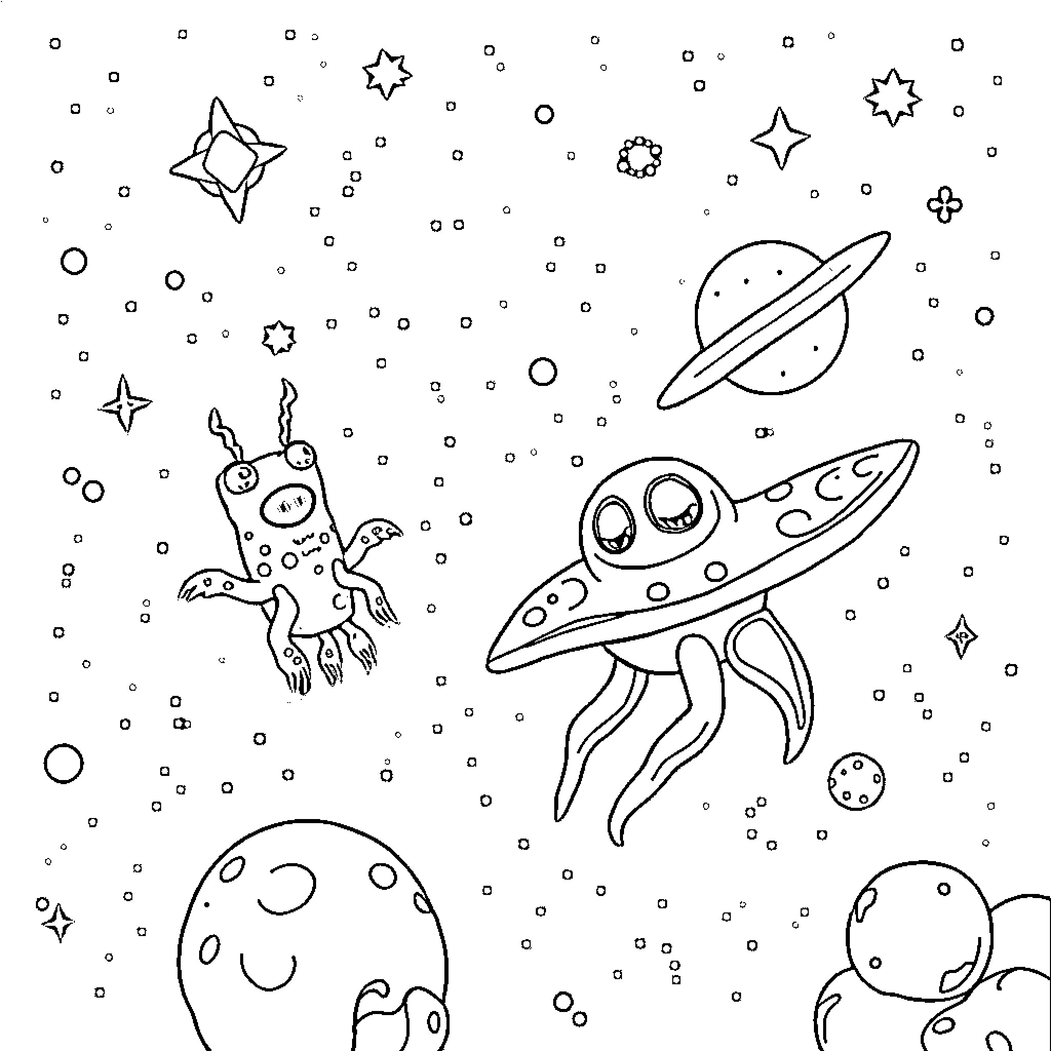 Creature exploring cosmic wonders in the galaxy Coloring Page (free black-and-white line drawing printable PDF for all, from beginners to advanced learners, including children, teens, adults, and seniors)