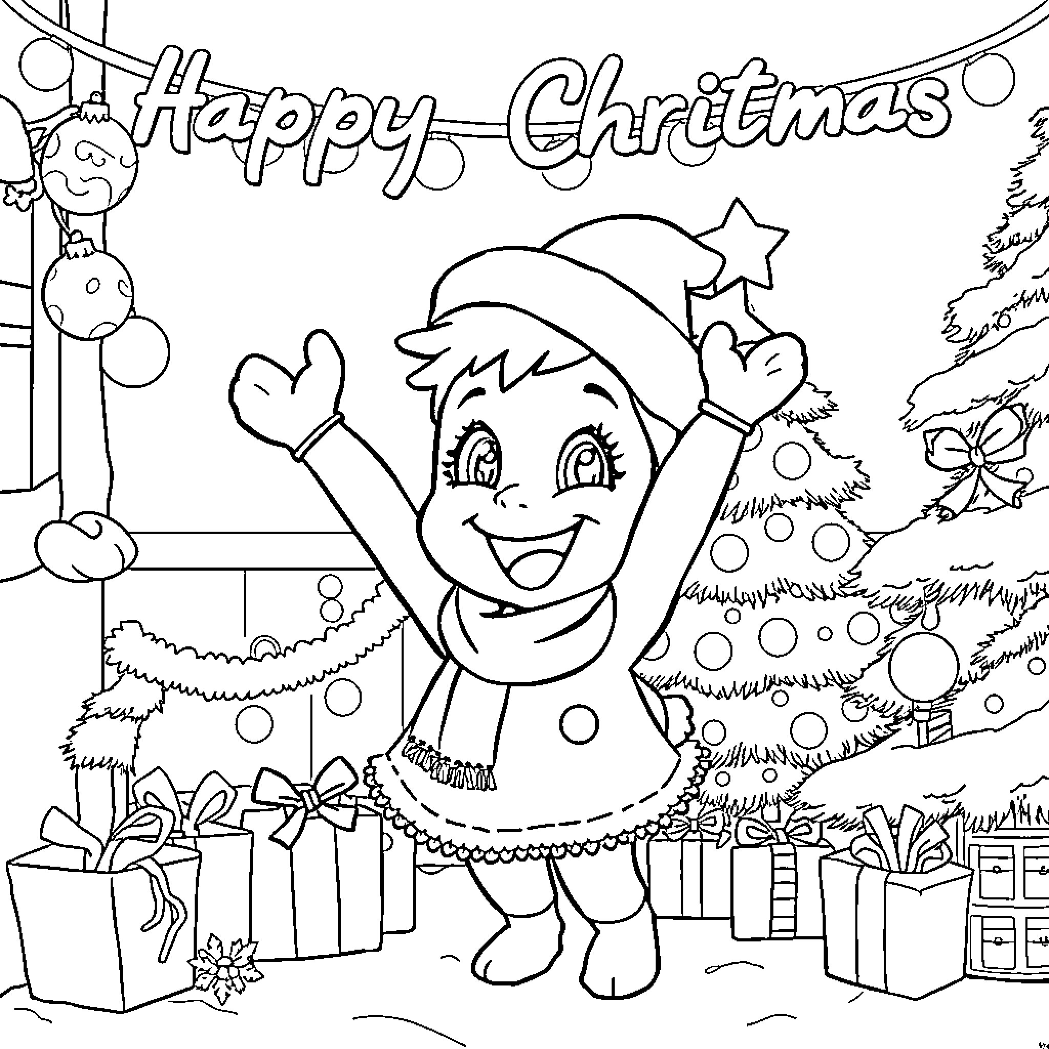 Gabby's Christmas Joy and Festive Celebrations Coloring Page (free black-and-white line drawing printable PDF for all, from beginners to advanced learners, including children, teens, adults, and seniors)