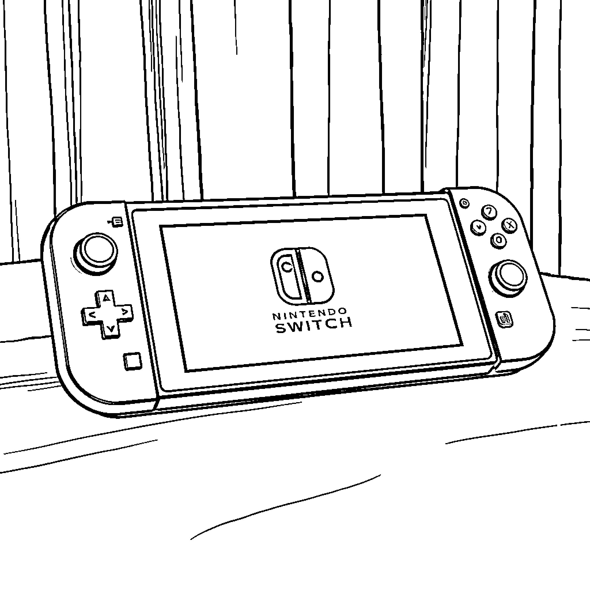 Nintendo Switch gaming device on a wooden surface Coloring Page (free black-and-white line drawing printable PDF for all, from beginners to advanced learners, including children, teens, adults, and seniors)