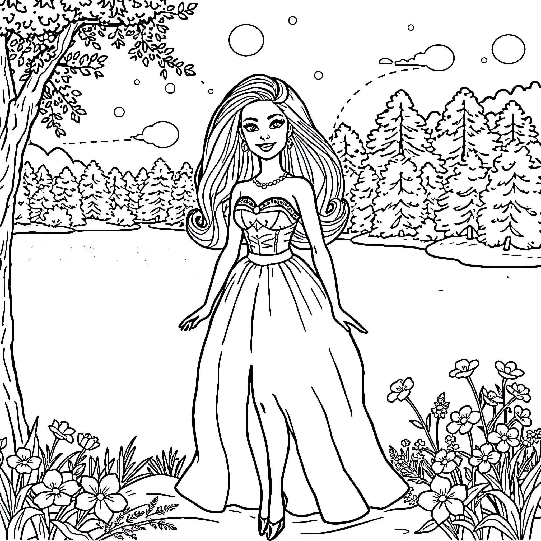Barbie enjoying a nature walk in the forest Coloring Page (free black-and-white line drawing printable PDF for all, from beginners to advanced learners, including children, teens, adults, and seniors)