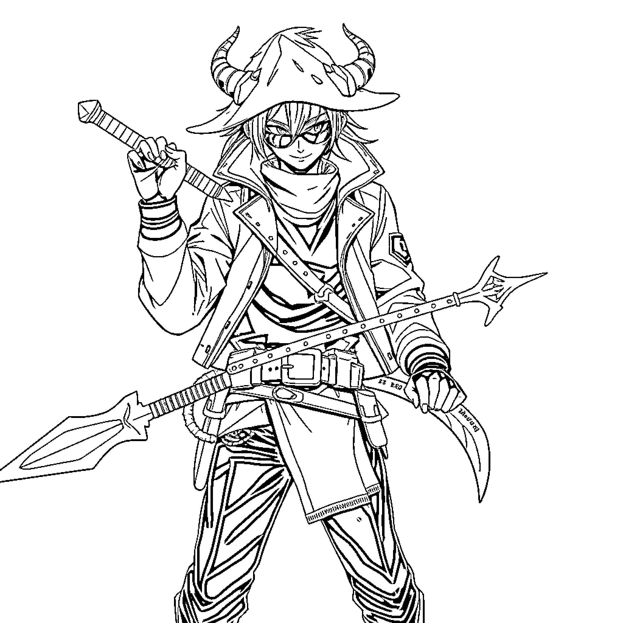 Demon Hunter wielding fearsome weapons with determined expression Coloring Page (free black-and-white line drawing printable PDF for all, from beginners to advanced learners, including children, teens, adults, and seniors)