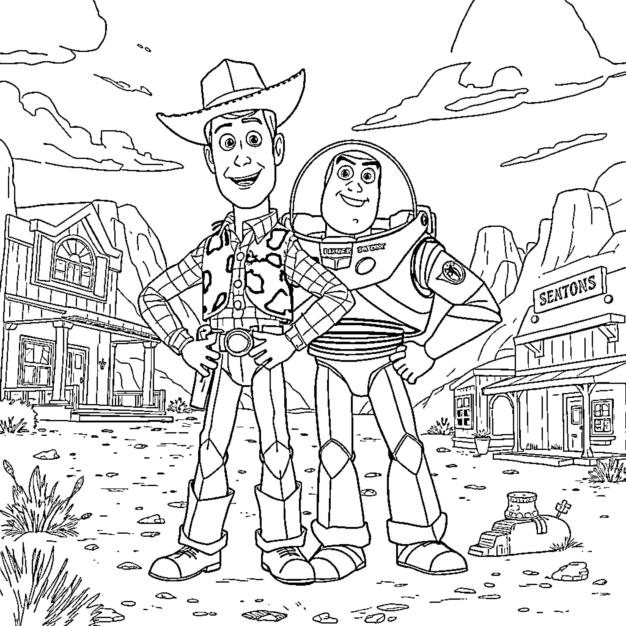 Woody and Buzz in the Wild West town Coloring Page (free black-and-white line drawing printable PDF for all, from beginners to advanced learners, including children, teens, adults, and seniors)