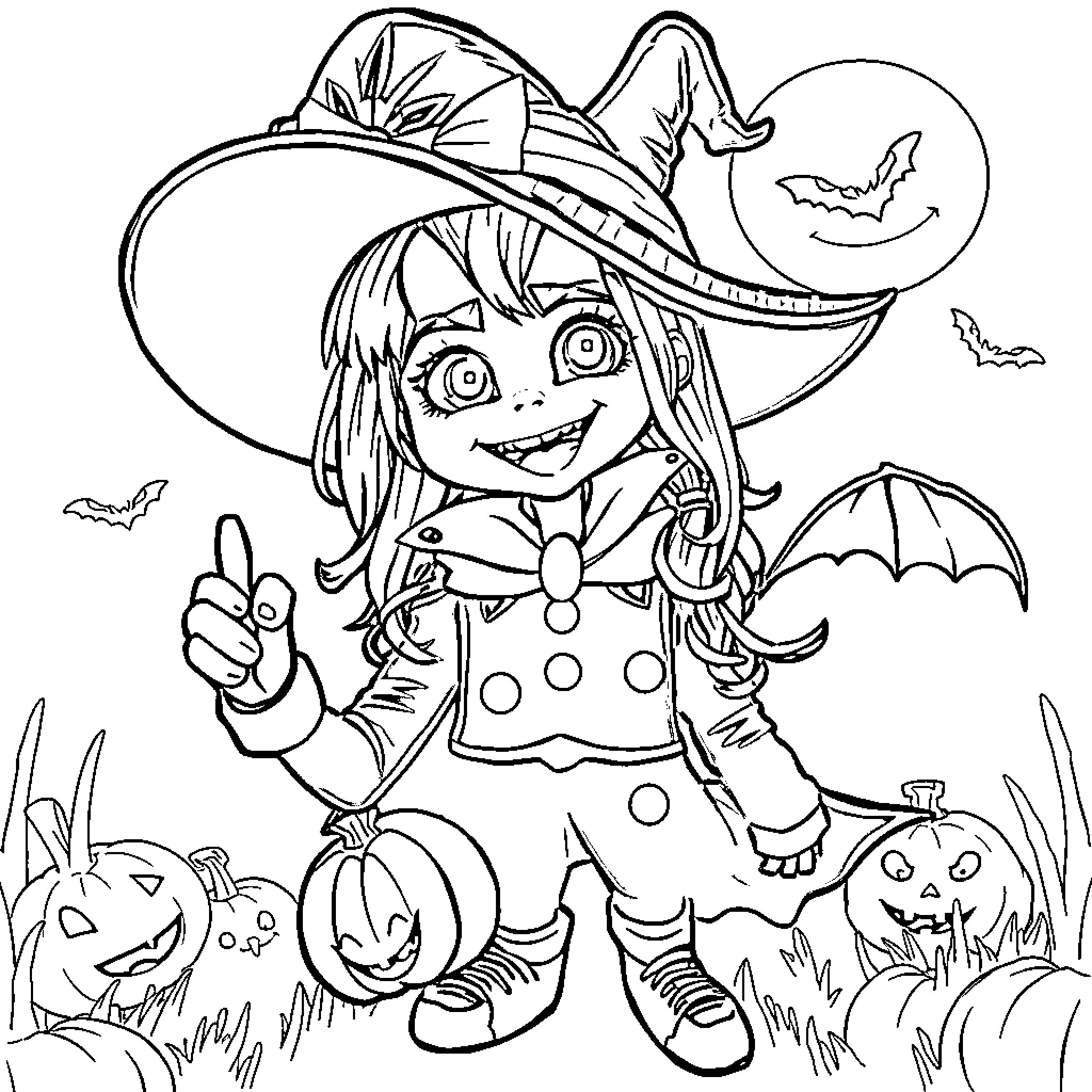 Idol Witch Girl Celebrating Halloween Coloring Page (free black-and-white line drawing printable PDF for all, from beginners to advanced learners, including children, teens, adults, and seniors)