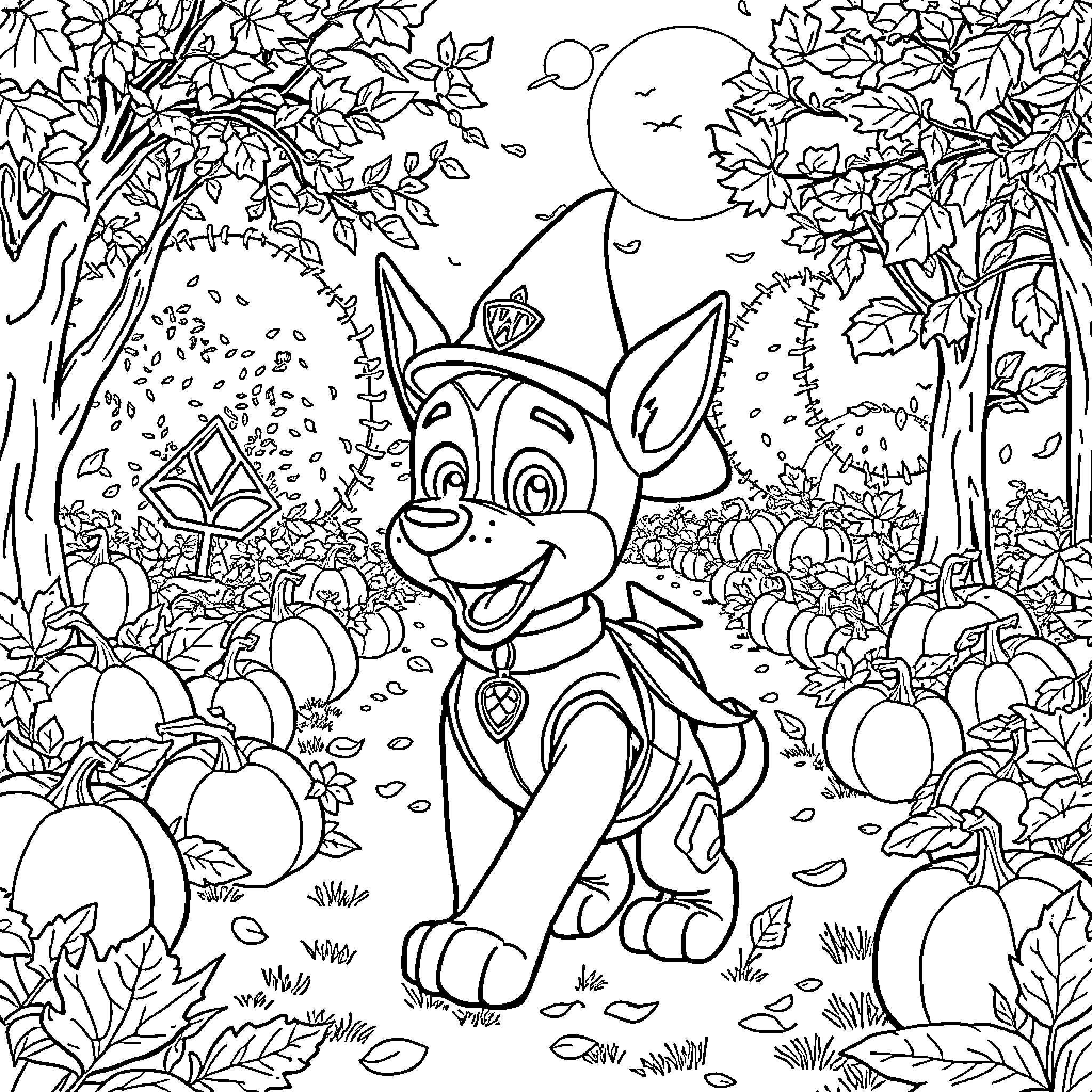 Chase the Playful Pup in the Autumn Wonderland Coloring Page (free black-and-white line drawing printable PDF for all, from beginners to advanced learners, including children, teens, adults, and seniors)