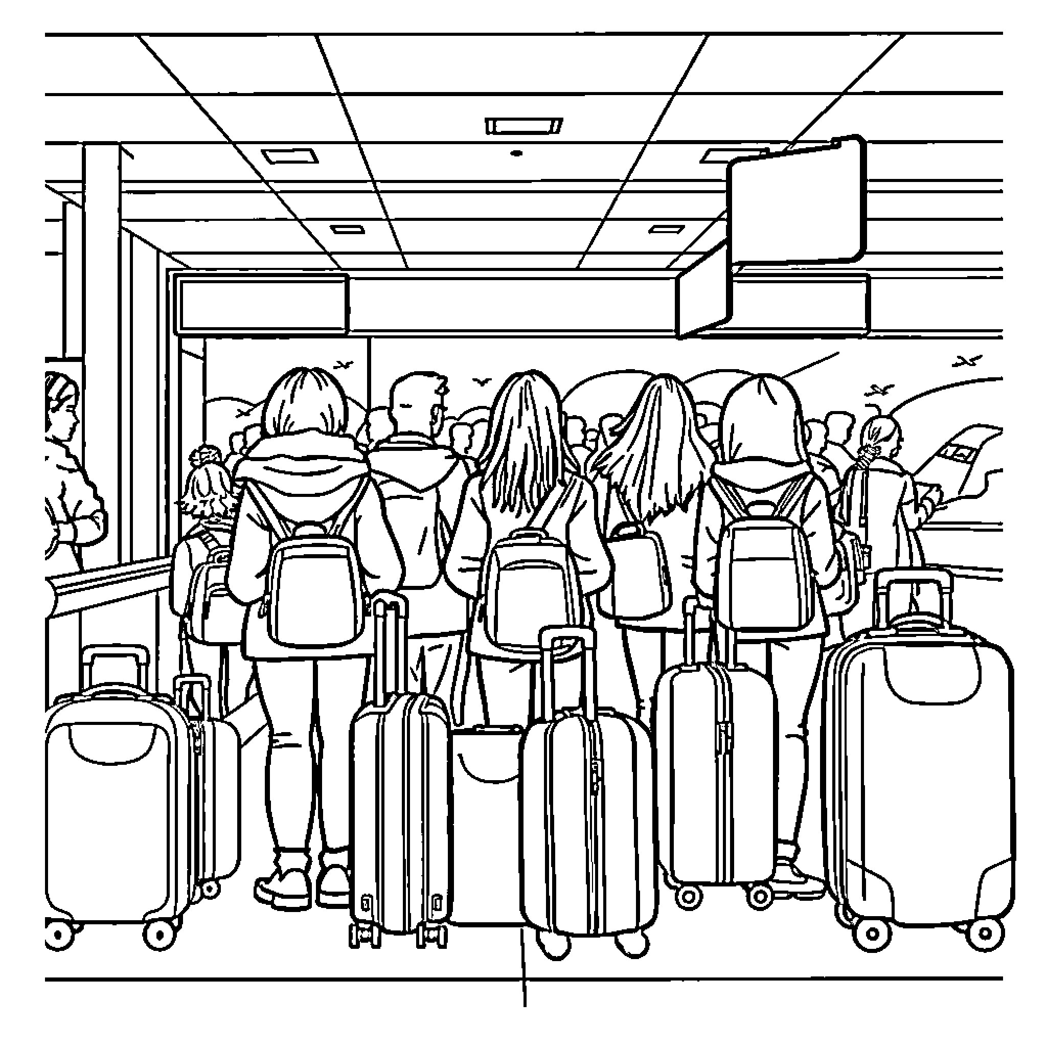 Airport crowd waiting in line with luggage Coloring Page (free black-and-white line drawing printable PDF for all, from beginners to advanced learners, including children, teens, adults, and seniors)
