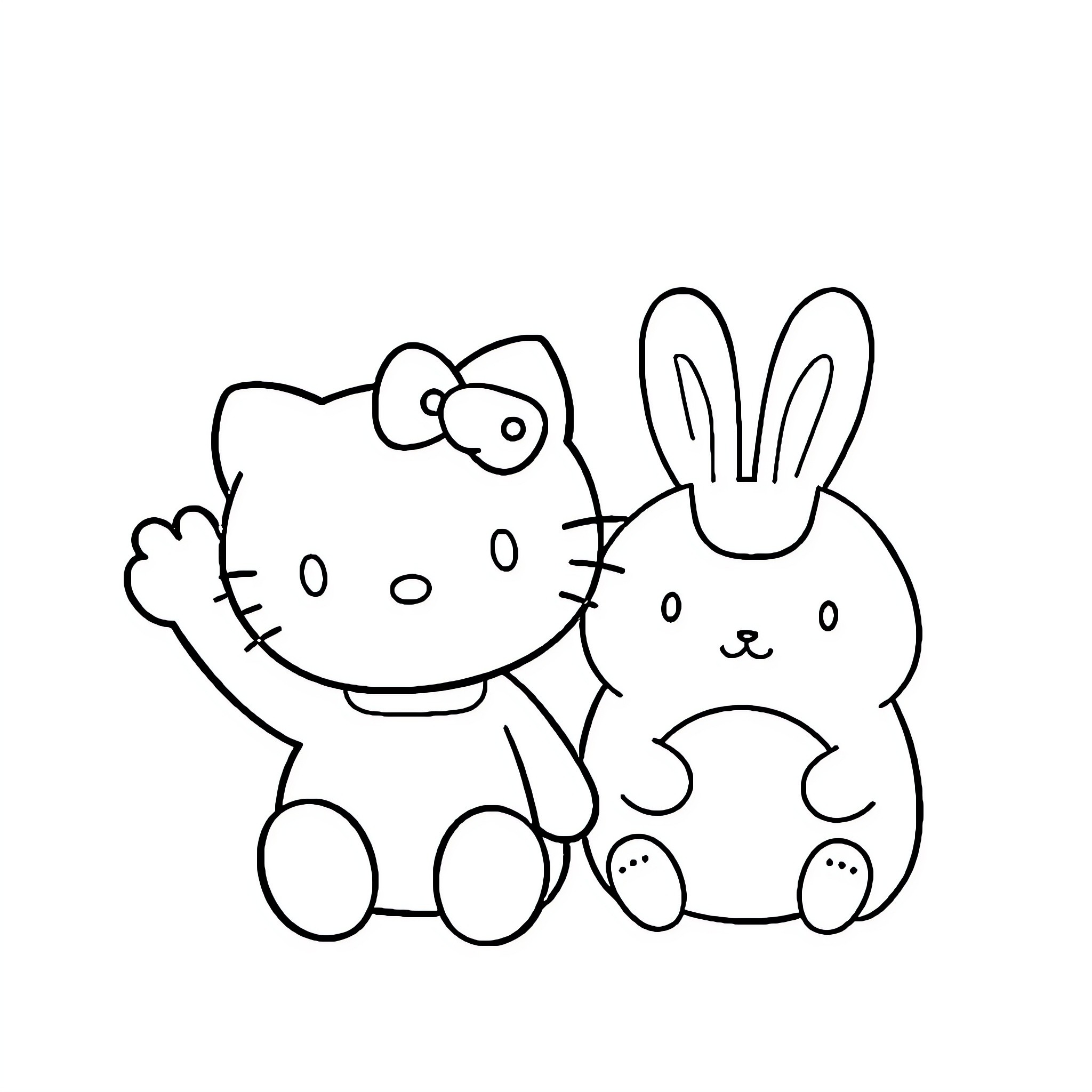 Hello Kitty playing with bunny friend Coloring Page (free black-and-white line drawing printable PDF for all, from beginners to advanced learners, including children, teens, adults, and seniors)