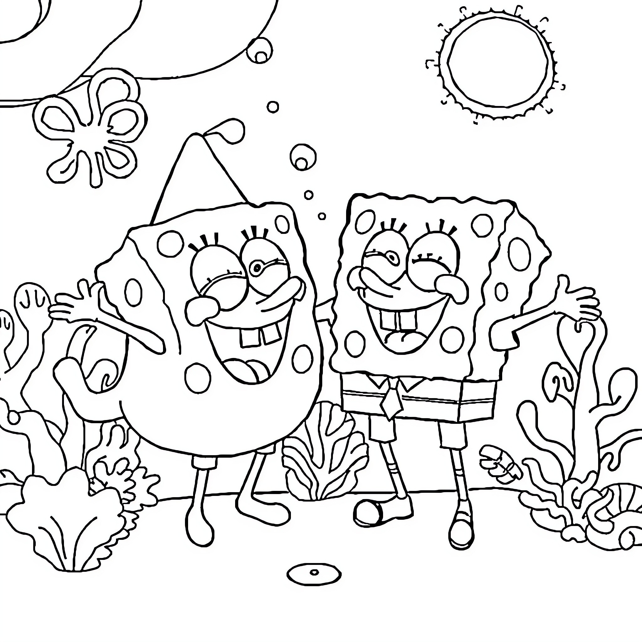 Labubu's Underwater Adventure with SpongeBob Coloring Page (free black-and-white line drawing printable PDF for all, from beginners to advanced learners, including children, teens, adults, and seniors)