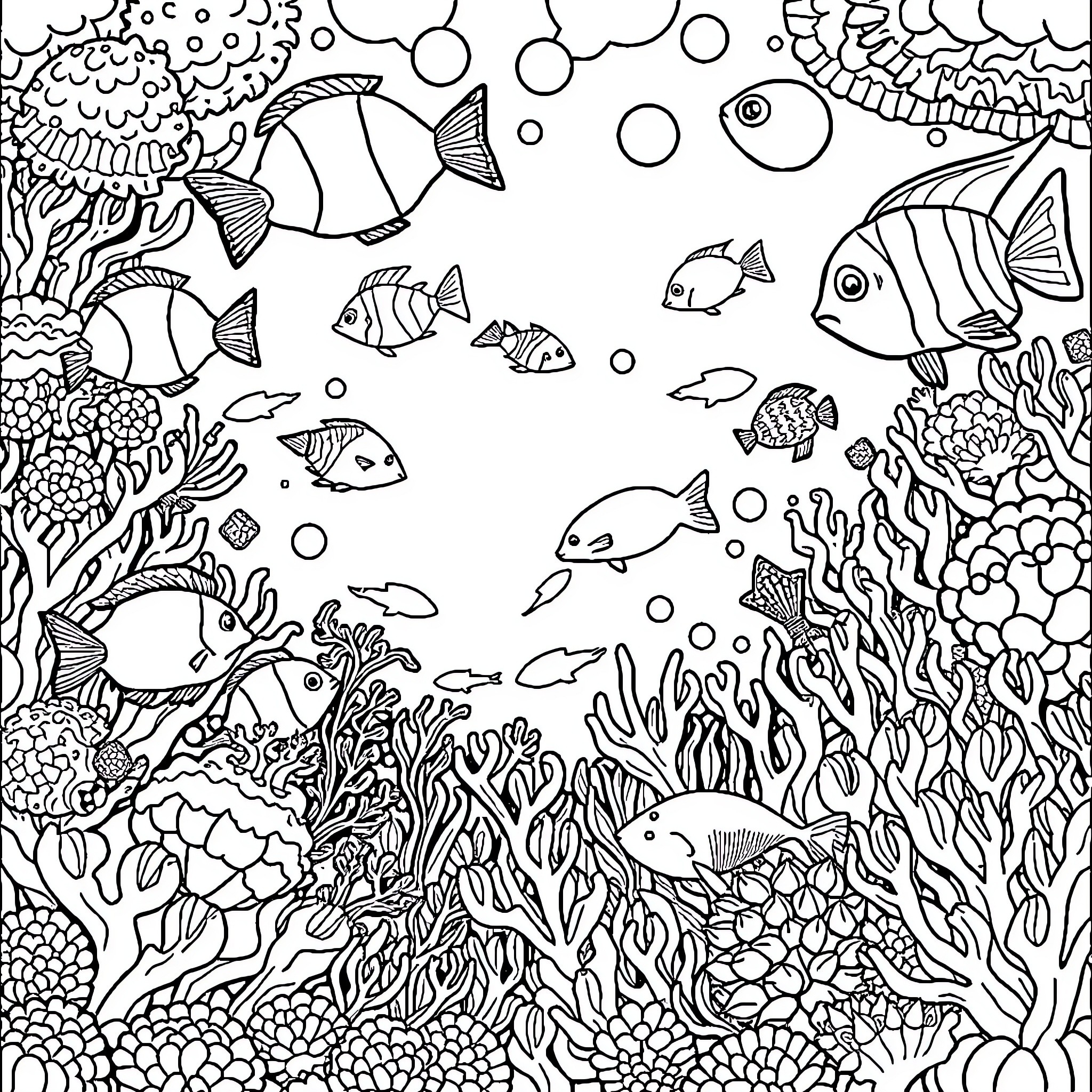 Underwater Marine Life Coloring Page (free black-and-white line drawing printable PDF for all, from beginners to advanced learners, including children, teens, adults, and seniors)