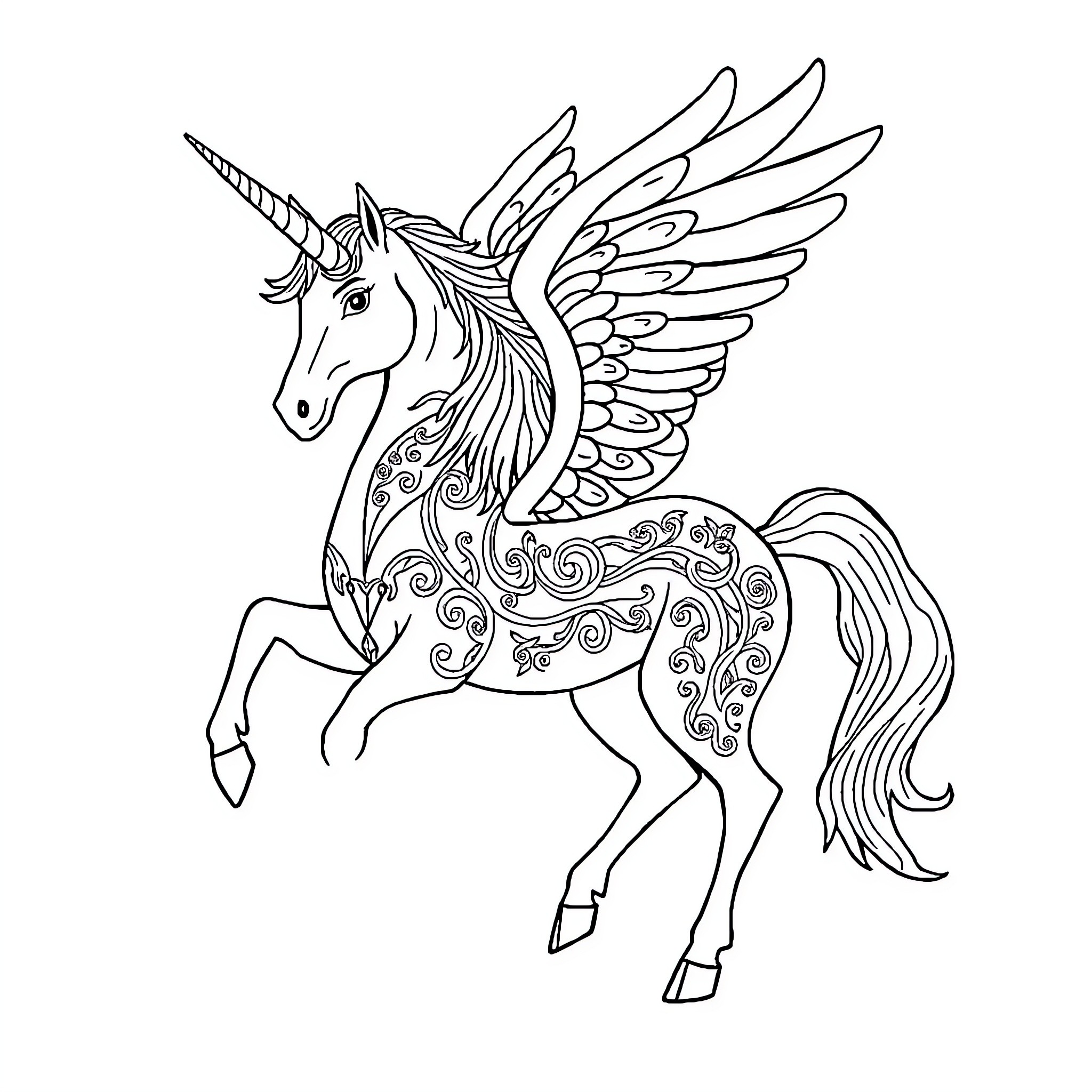 Unicorn with Intricate Wings in Flight Coloring Page (free black-and-white line drawing printable PDF for all, from beginners to advanced learners, including children, teens, adults, and seniors)