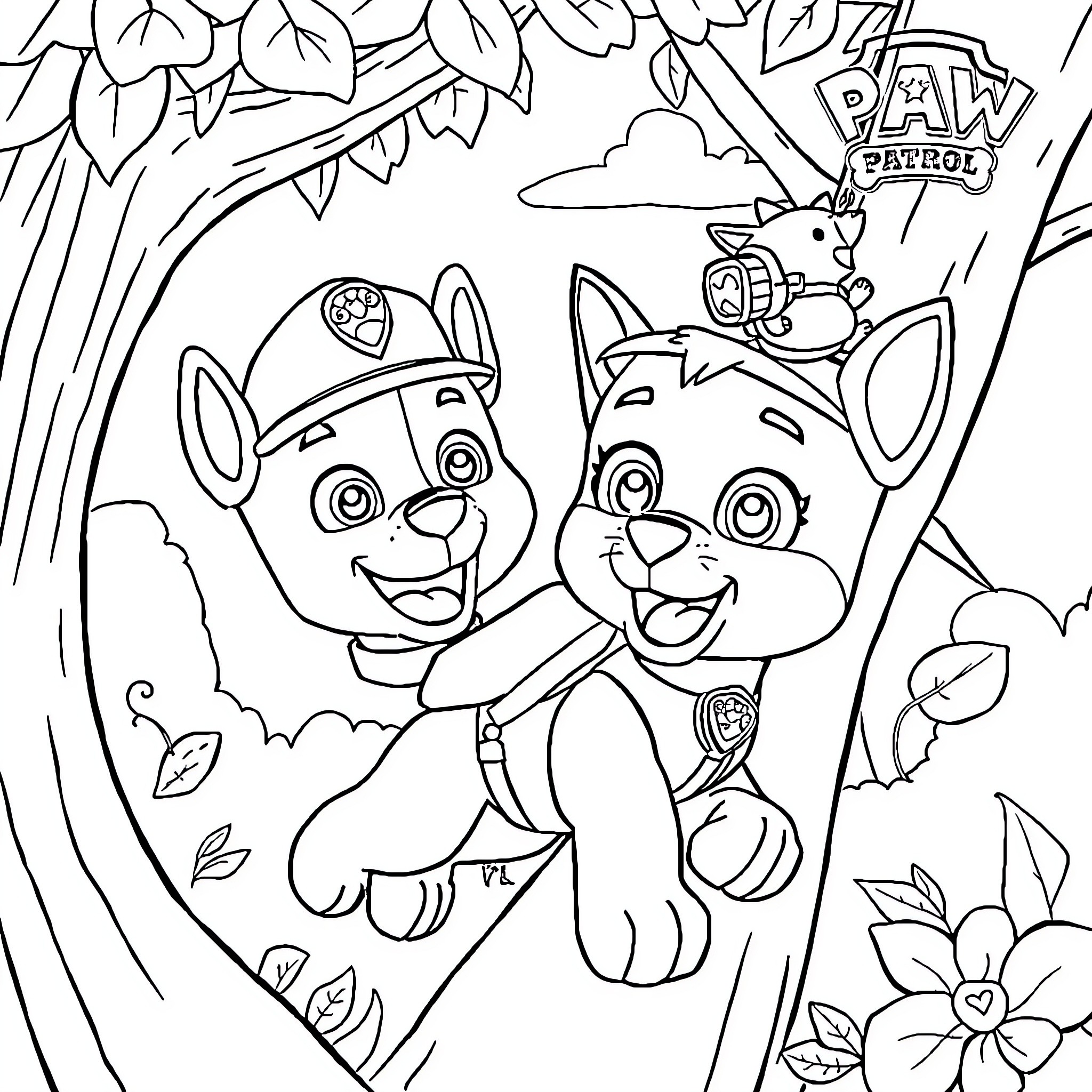 Paw Patrol friends exploring the nature Coloring Page (free black-and-white line drawing printable PDF for all, from beginners to advanced learners, including children, teens, adults, and seniors)